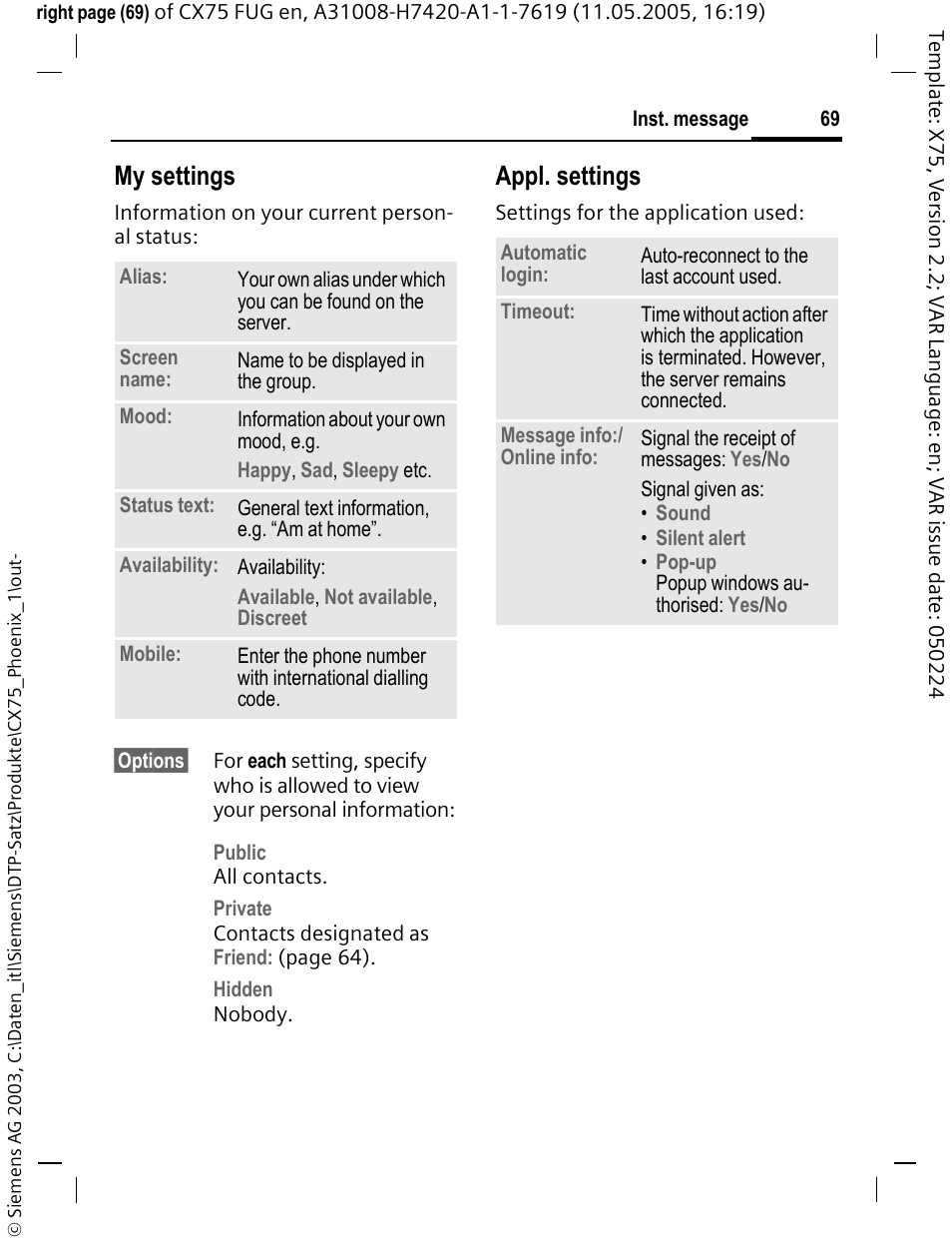 My settings, Appl. settings | Siemens CX75 User Manual | Page 70 / 152