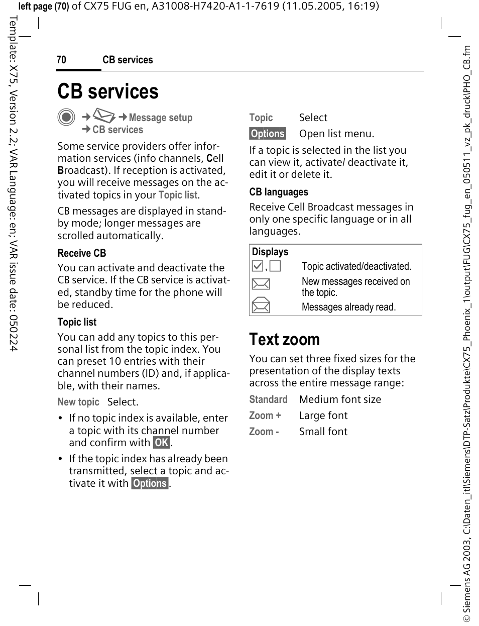 Cb services, Text zoom, Cb services c | Siemens CX75 User Manual | Page 71 / 152