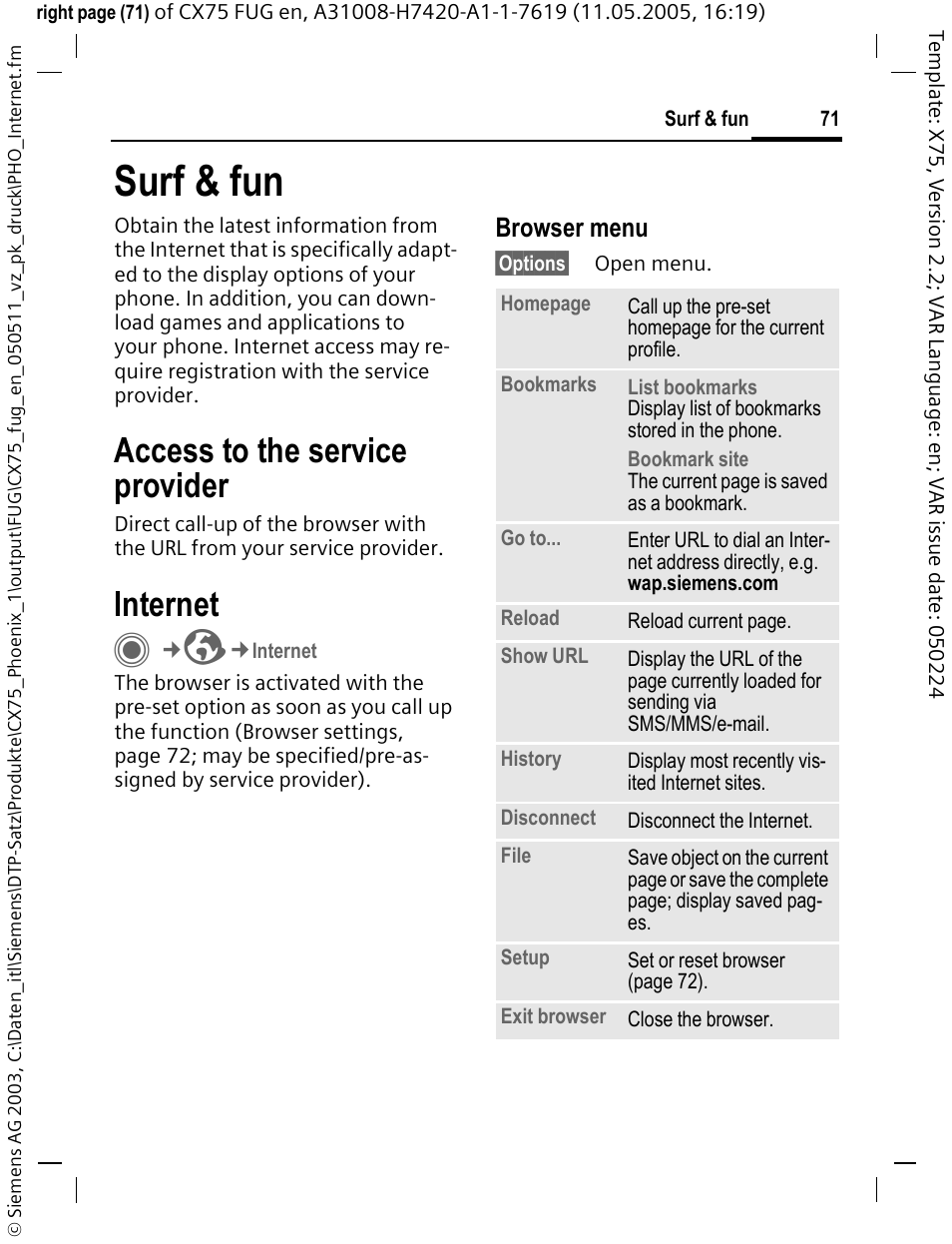 Surf & fun, Internet, Access to the service provider | Browser menu | Siemens CX75 User Manual | Page 72 / 152
