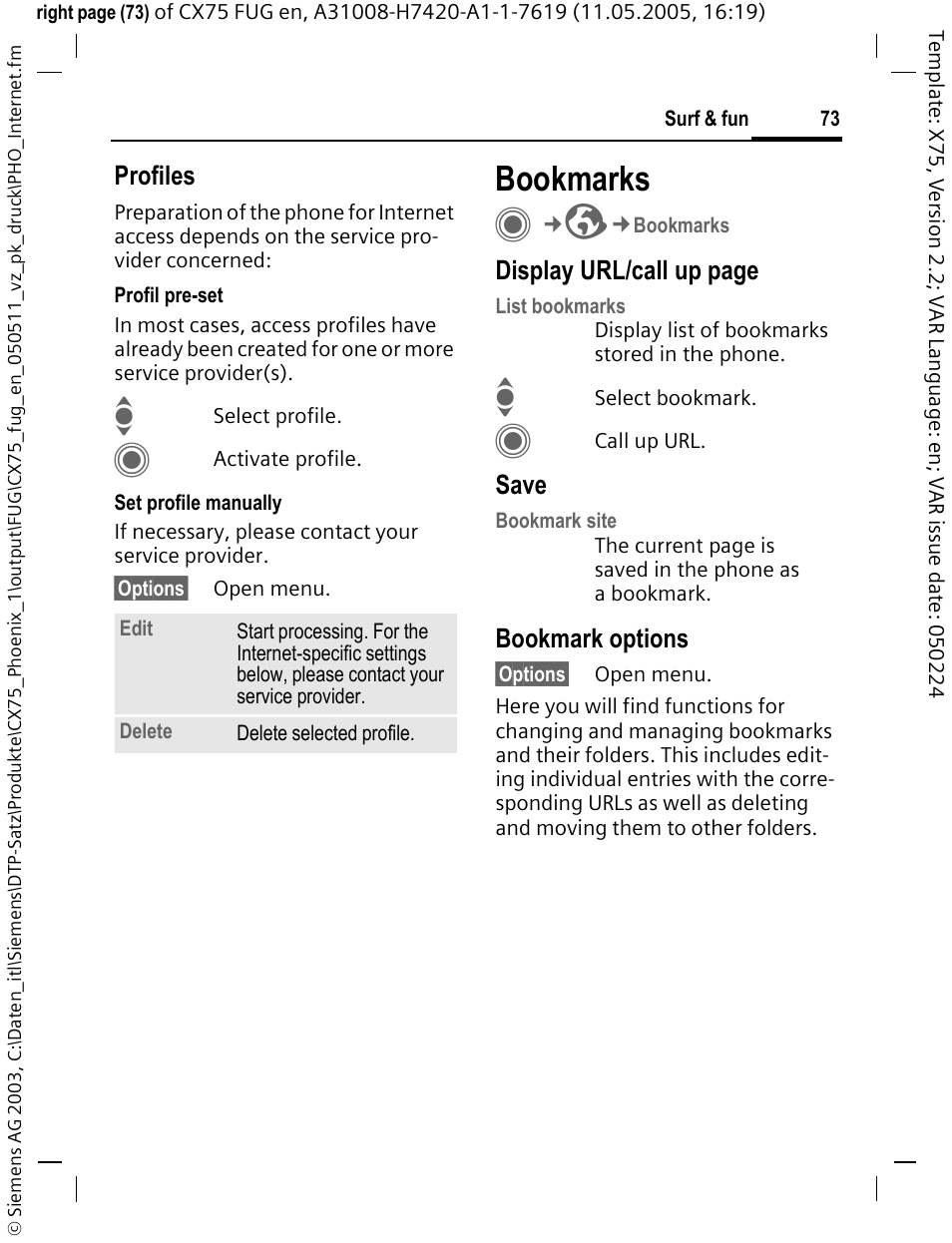 Bookmarks, Profiles, Display url/call up page | Save, Bookmark options | Siemens CX75 User Manual | Page 74 / 152