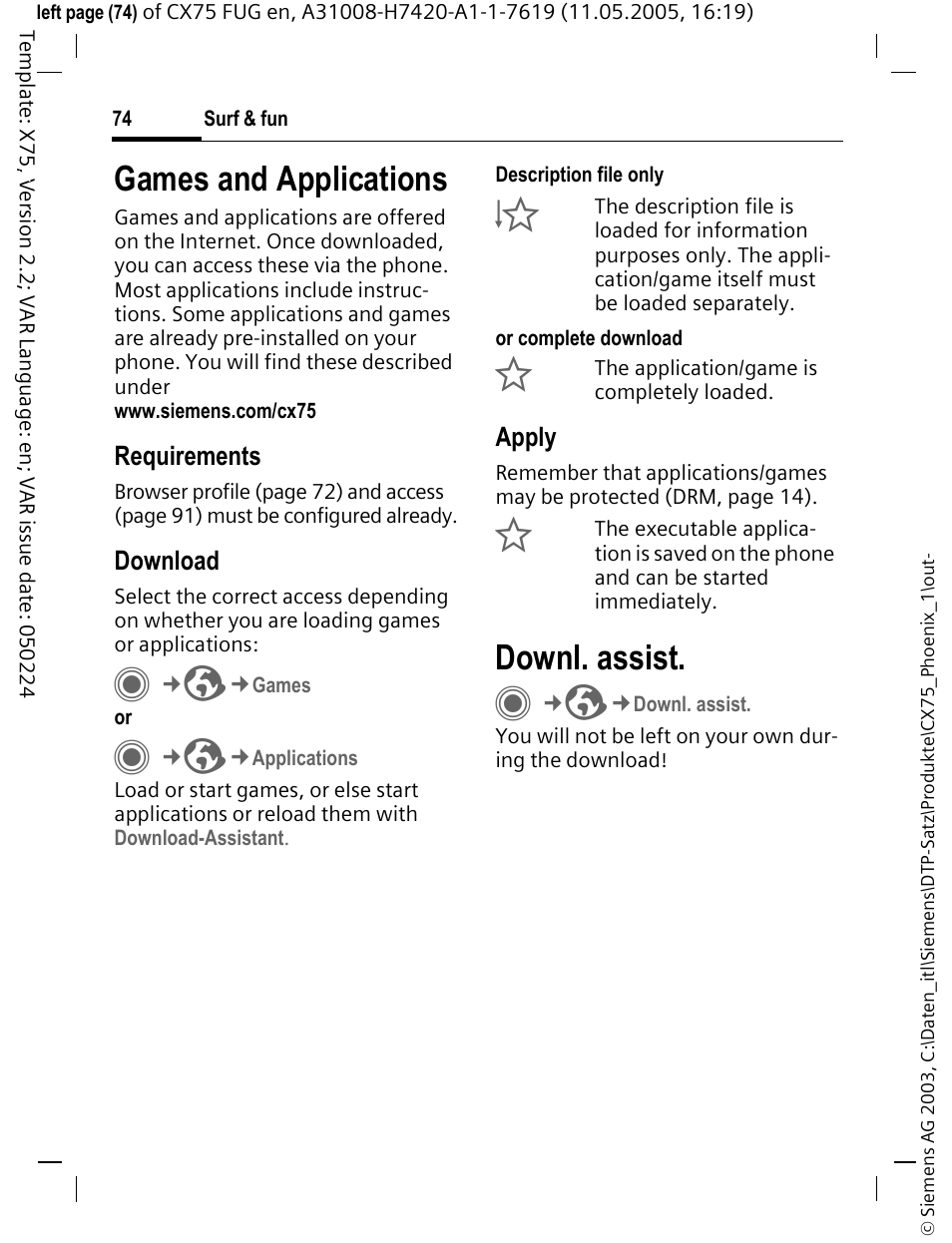 Games and applications, Downl. assist, P. 74) | Siemens CX75 User Manual | Page 75 / 152