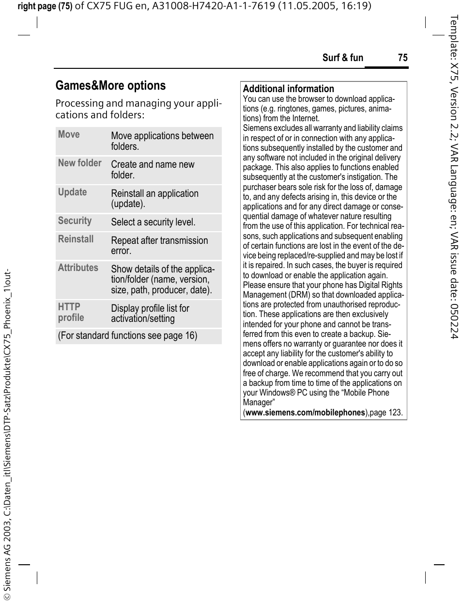Games&more options | Siemens CX75 User Manual | Page 76 / 152