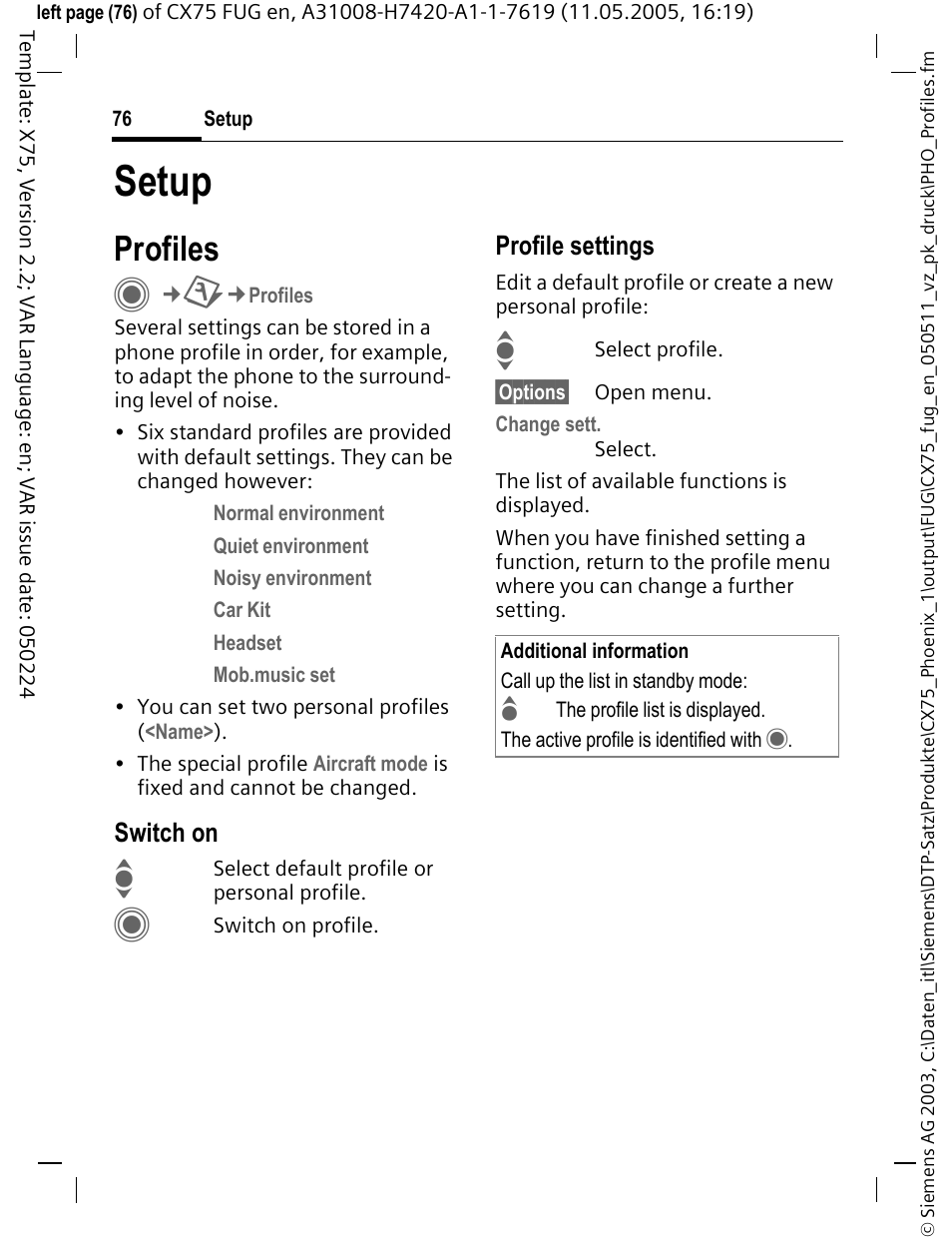 Setup, Profiles, Switch on | Profile settings | Siemens CX75 User Manual | Page 77 / 152