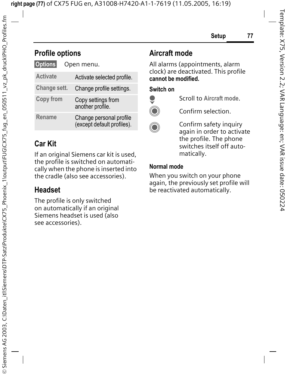 Profile options, Car kit, Headset | Aircraft mode | Siemens CX75 User Manual | Page 78 / 152