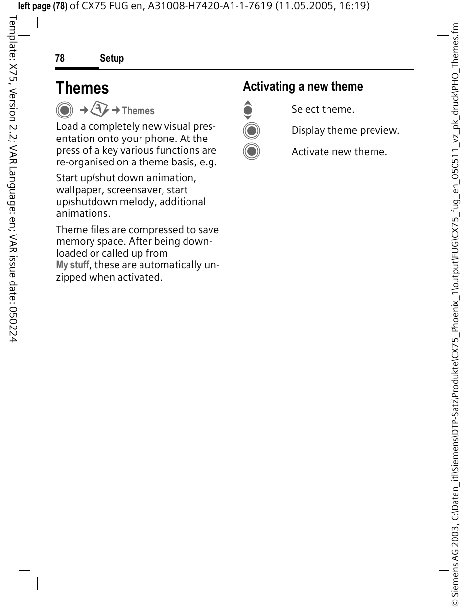 Themes, P. 78), Activating a new theme | Siemens CX75 User Manual | Page 79 / 152