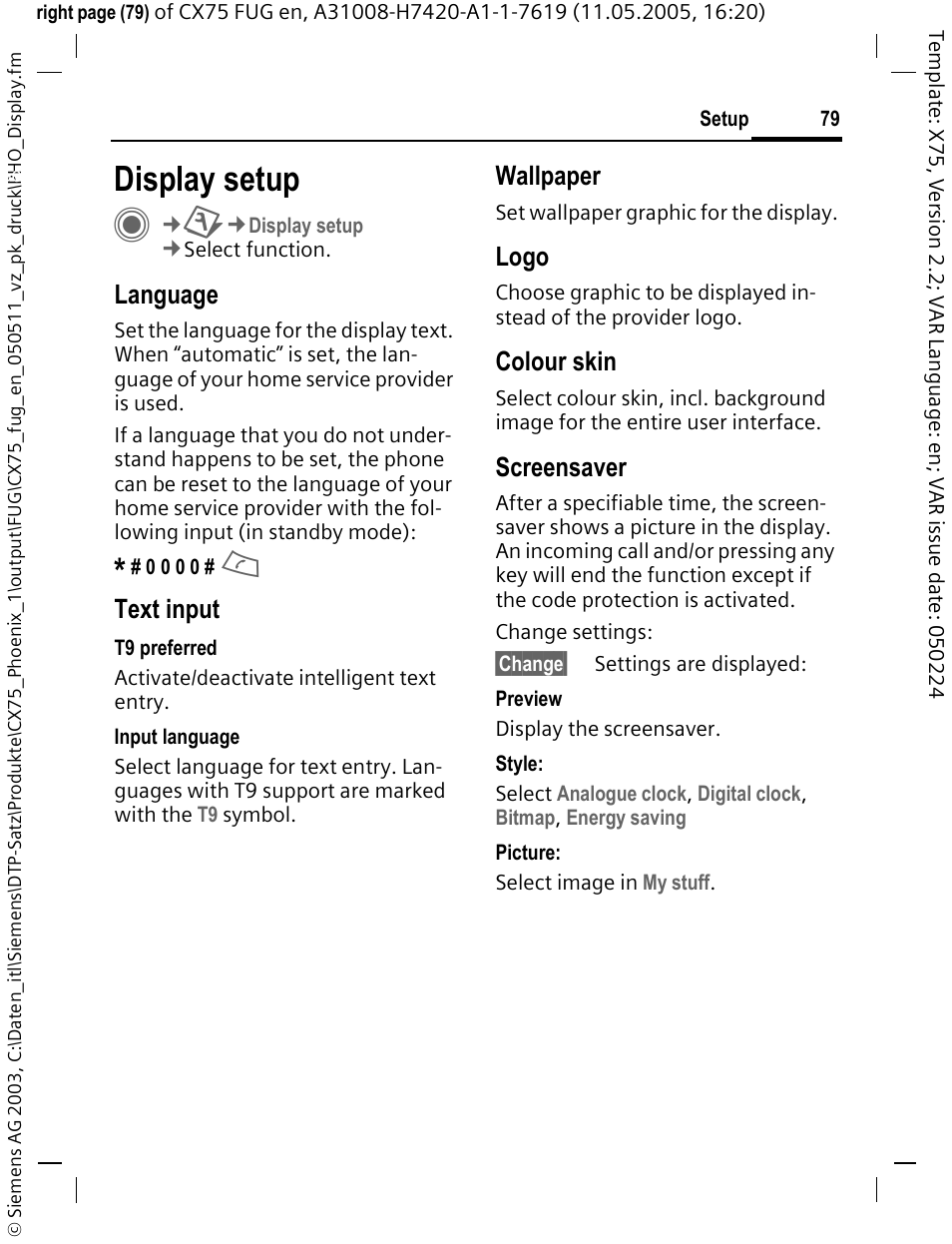 Display setup, Ver (p. 79), O (p. 79) | R (p. 79), In (p. 79), Language, Text input, Wallpaper, Logo, Colour skin | Siemens CX75 User Manual | Page 80 / 152