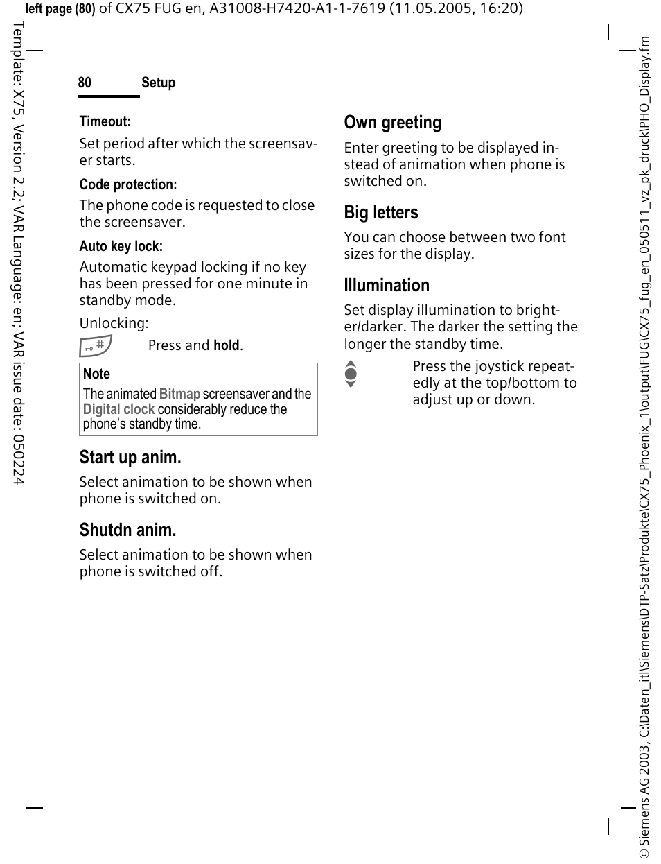 P. 80), Start up anim, Shutdn anim | Own greeting, Big letters, Illumination | Siemens CX75 User Manual | Page 81 / 152