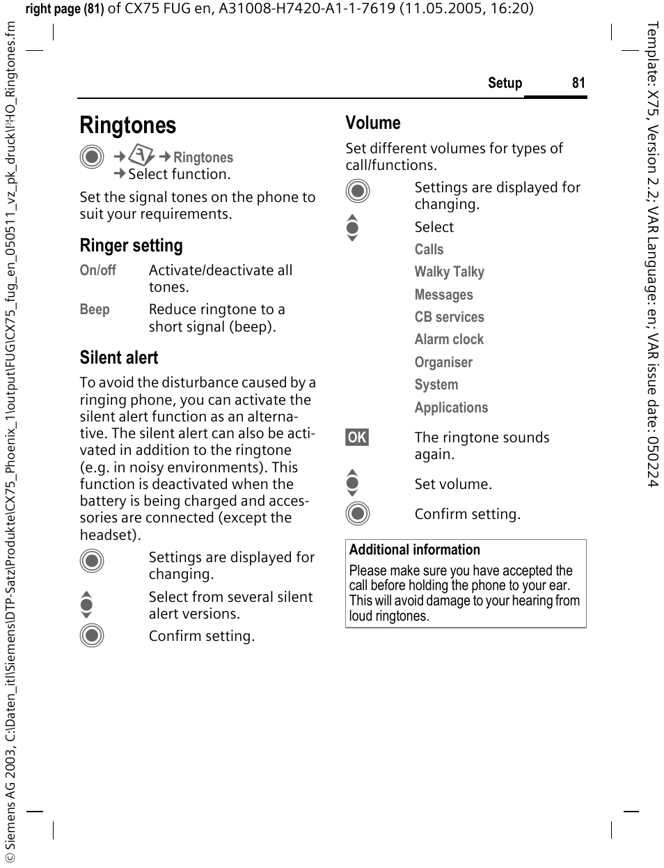 Ringtones, S (p. 81), Nes (p. 81) | Ringer setting, Silent alert, Volume | Siemens CX75 User Manual | Page 82 / 152