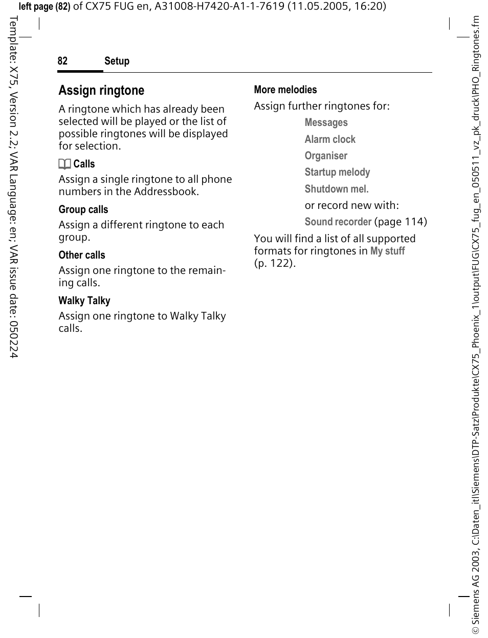 Assign ringtone | Siemens CX75 User Manual | Page 83 / 152