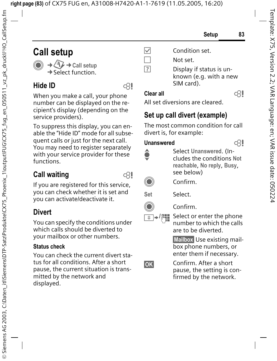 Call setup, Hide id b, Call waiting b | Divert, Set up call divert (example) | Siemens CX75 User Manual | Page 84 / 152