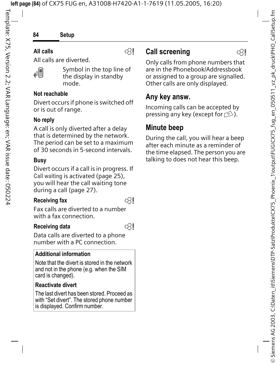 Call screening b, Any key answ, Minute beep | Siemens CX75 User Manual | Page 85 / 152