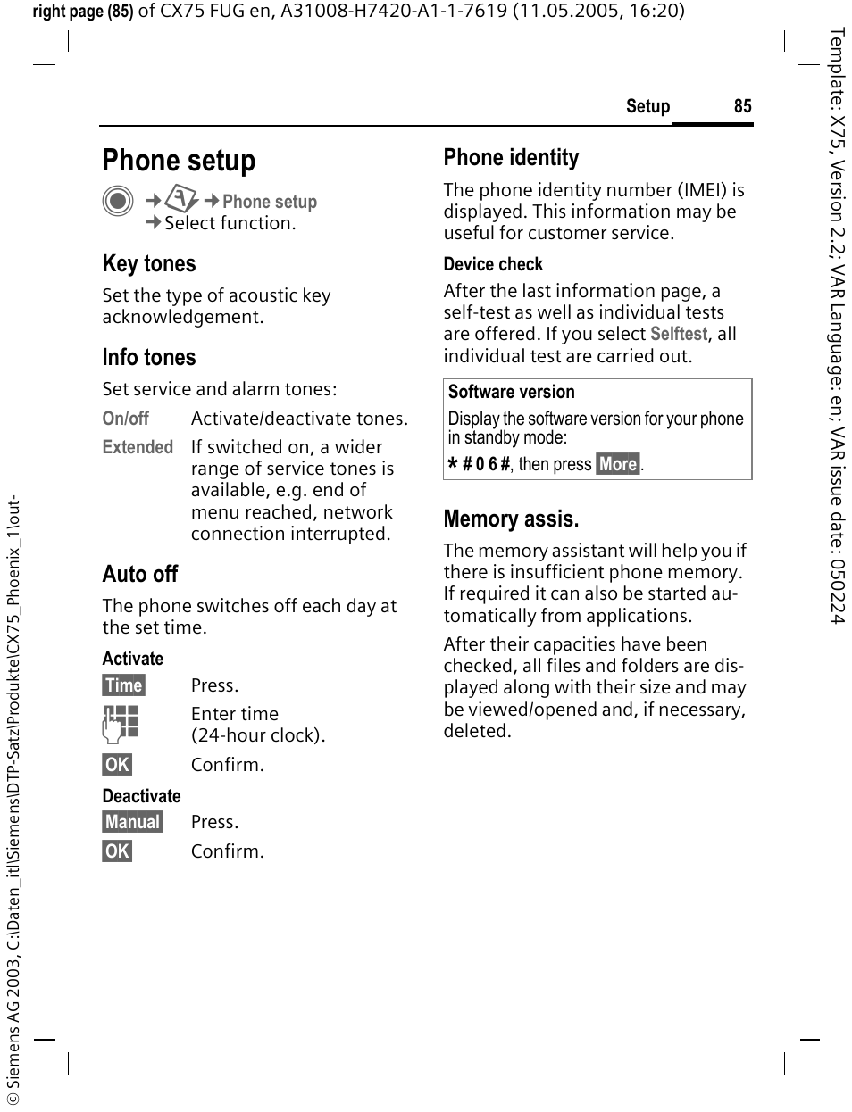 Phone setup, P. 85), A (p. 85) | Key tones, Info tones, Auto off, Phone identity | Siemens CX75 User Manual | Page 86 / 152