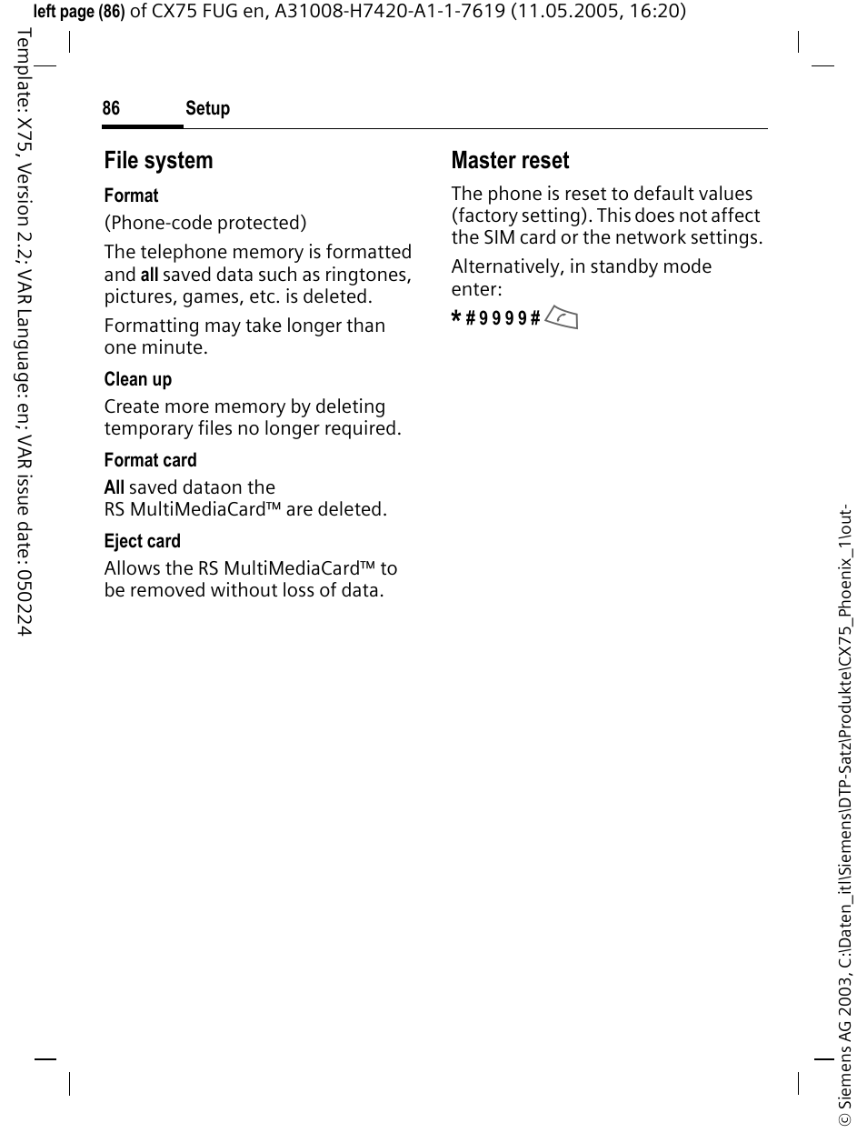 File system, Master reset | Siemens CX75 User Manual | Page 87 / 152