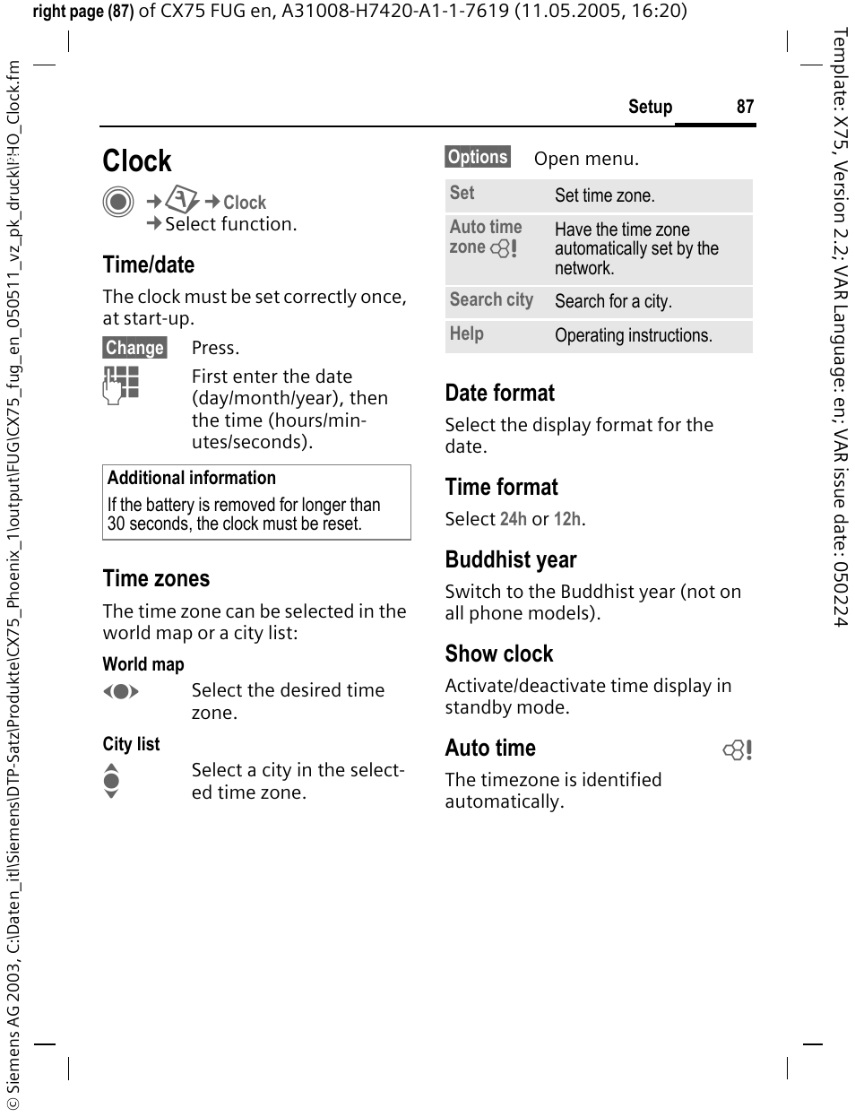 Clock, Time/date, Time zones | Date format, Time format, Buddhist year, Show clock, Auto time b | Siemens CX75 User Manual | Page 88 / 152