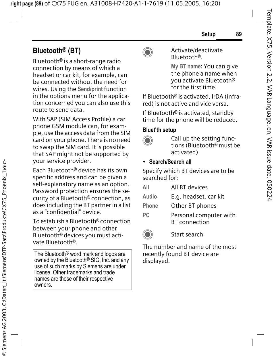 Bluetooth | Siemens CX75 User Manual | Page 90 / 152