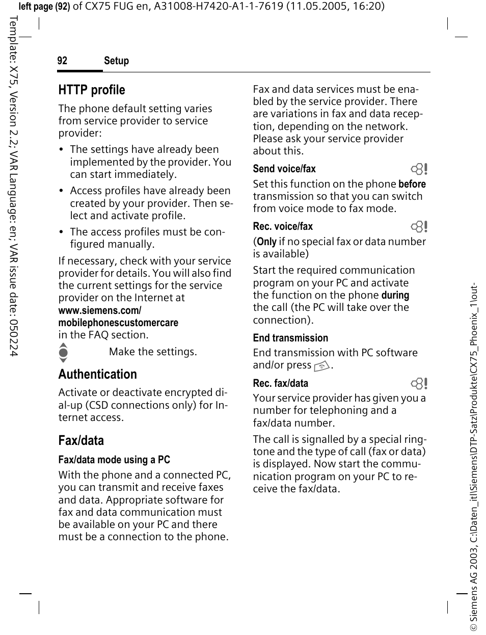 Authentication, Fax/data | Siemens CX75 User Manual | Page 93 / 152