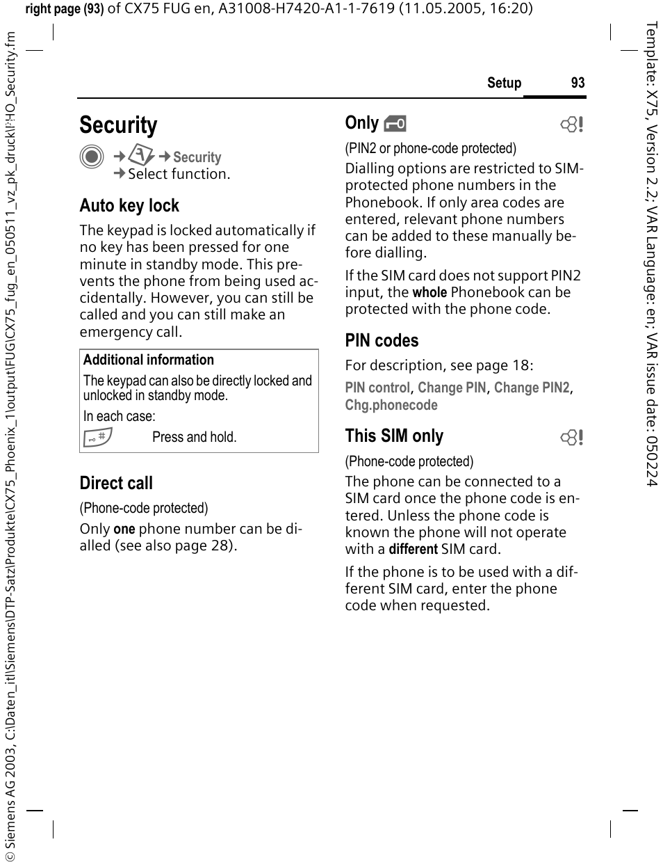 Security, Auto key lock, Direct call | Only, Pin codes, This sim only b | Siemens CX75 User Manual | Page 94 / 152