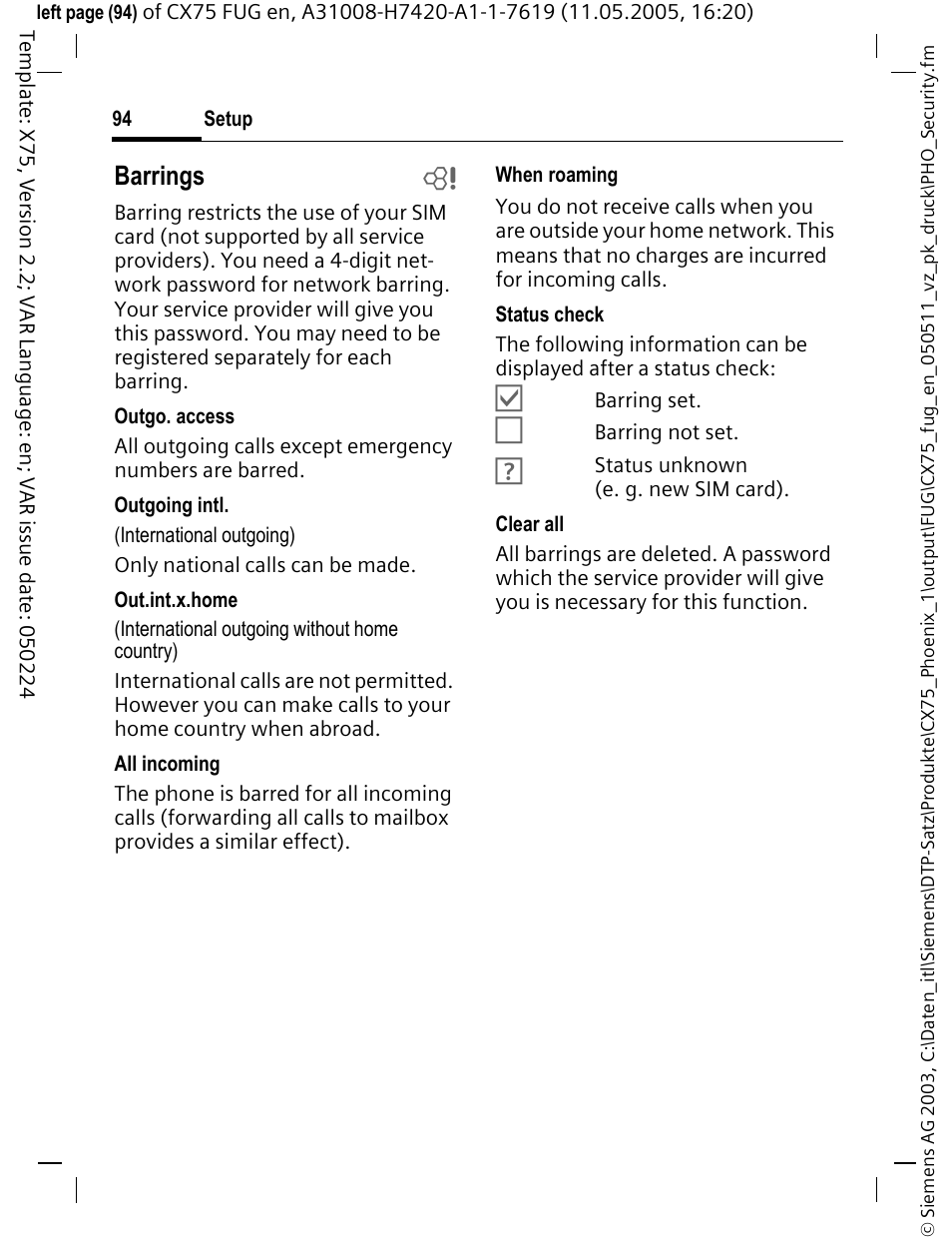 Barrings b | Siemens CX75 User Manual | Page 95 / 152