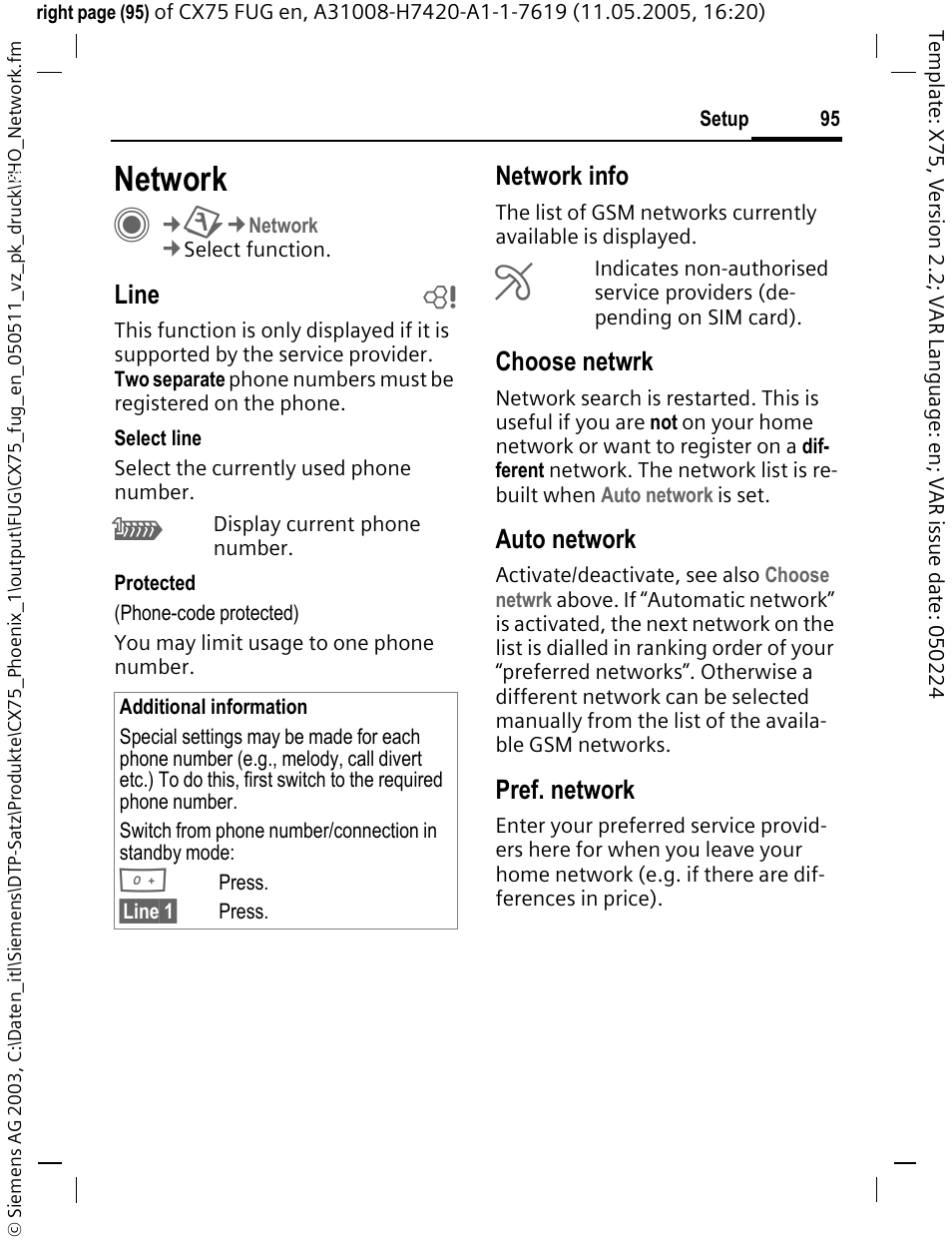 Network, Line b, Network info | Choose netwrk, Auto network, Pref. network | Siemens CX75 User Manual | Page 96 / 152