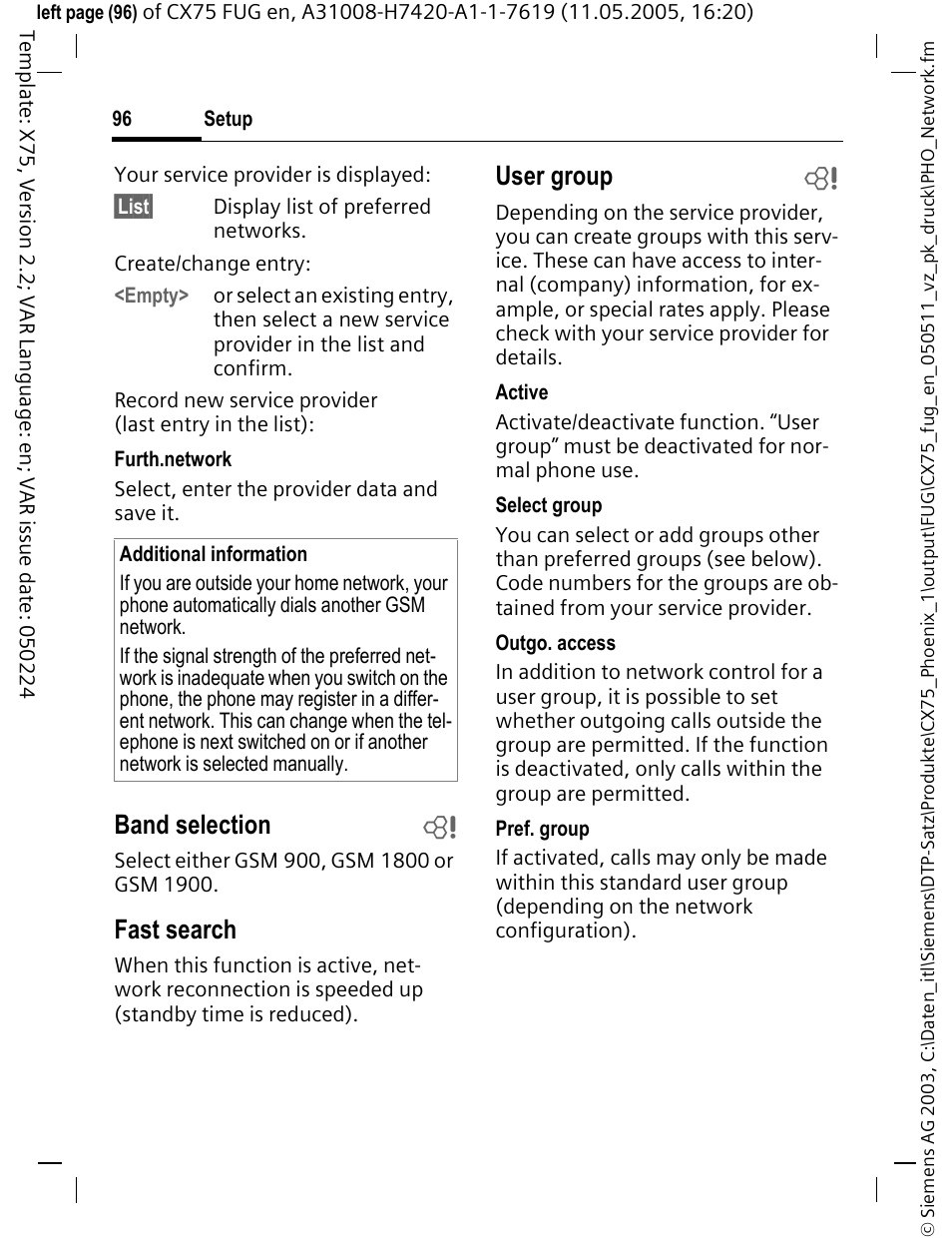 Band selection b, Fast search, User group b | Siemens CX75 User Manual | Page 97 / 152