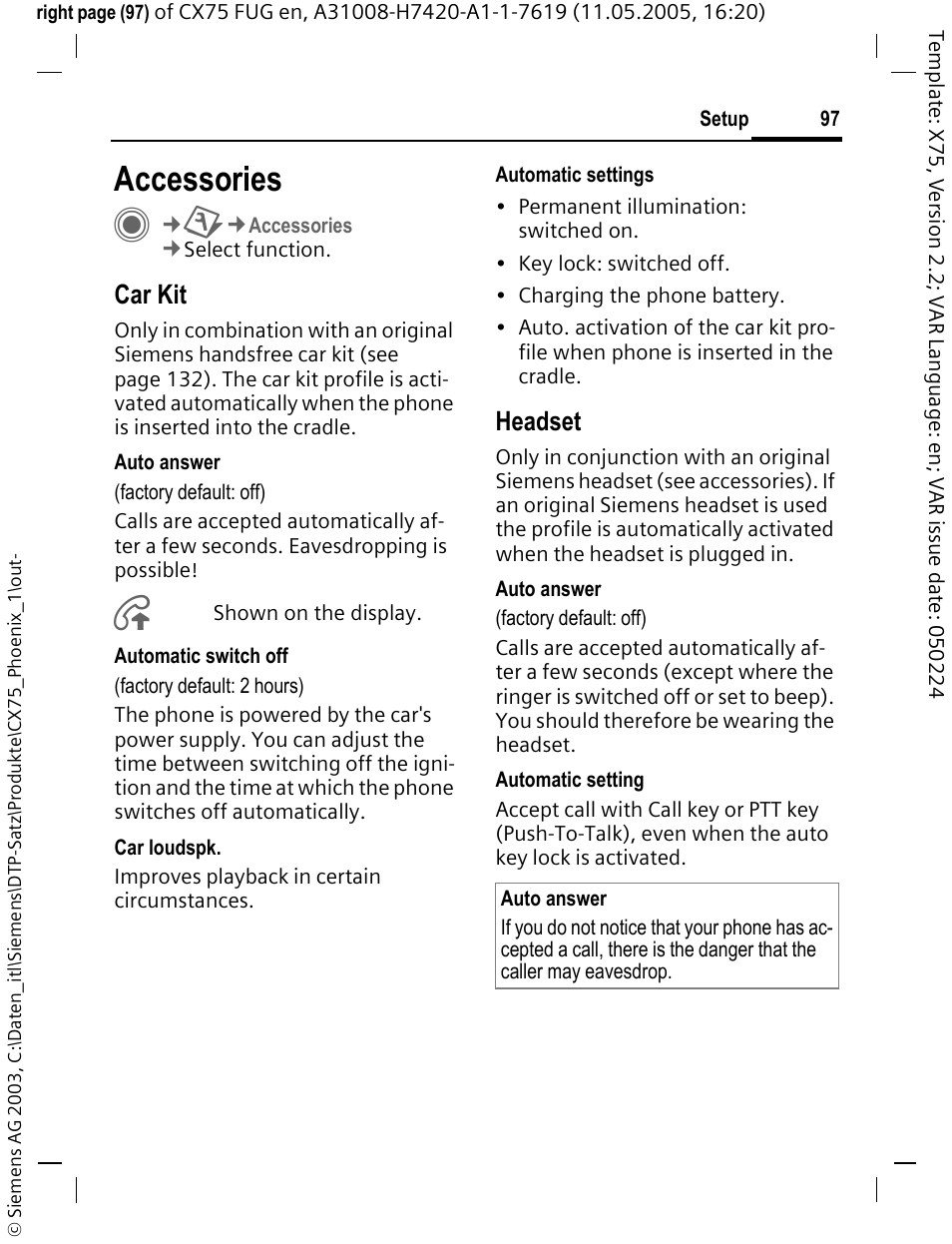 Accessories, Car kit, Headset | Siemens CX75 User Manual | Page 98 / 152