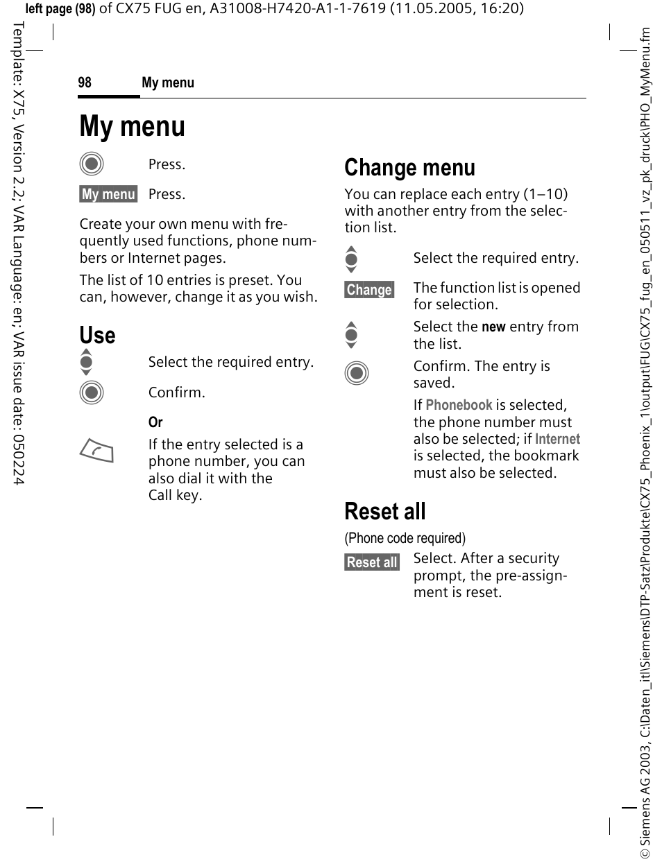 My menu, Create your own menu (p. 98) wit, My menu c | Change menu, Reset all | Siemens CX75 User Manual | Page 99 / 152