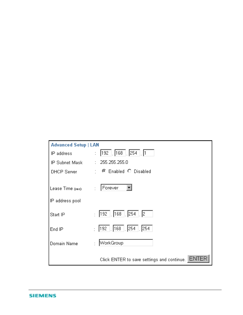 Advanced setup procedures, Configure lan gateway and dhcp settings | Siemens 2614 User Manual | Page 19 / 44