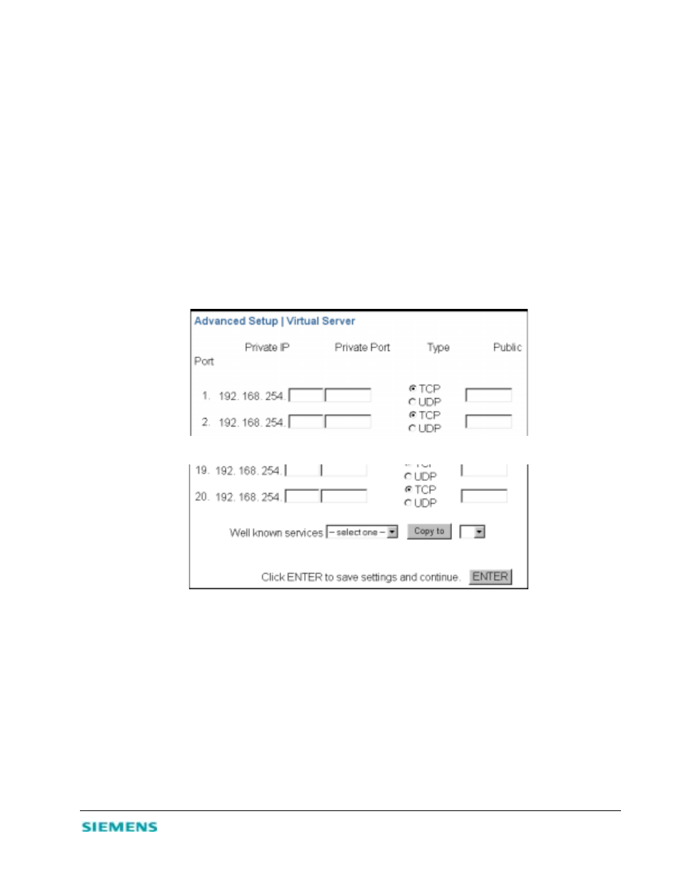 Enable firewall protection, Enable virtual server, Automatically entering port information | Siemens 2614 User Manual | Page 20 / 44