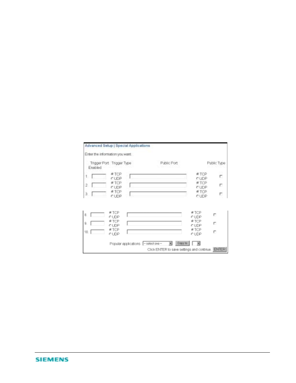 Network address translation (nat), Configure special applications, Automatically entering port information | Siemens 2614 User Manual | Page 21 / 44