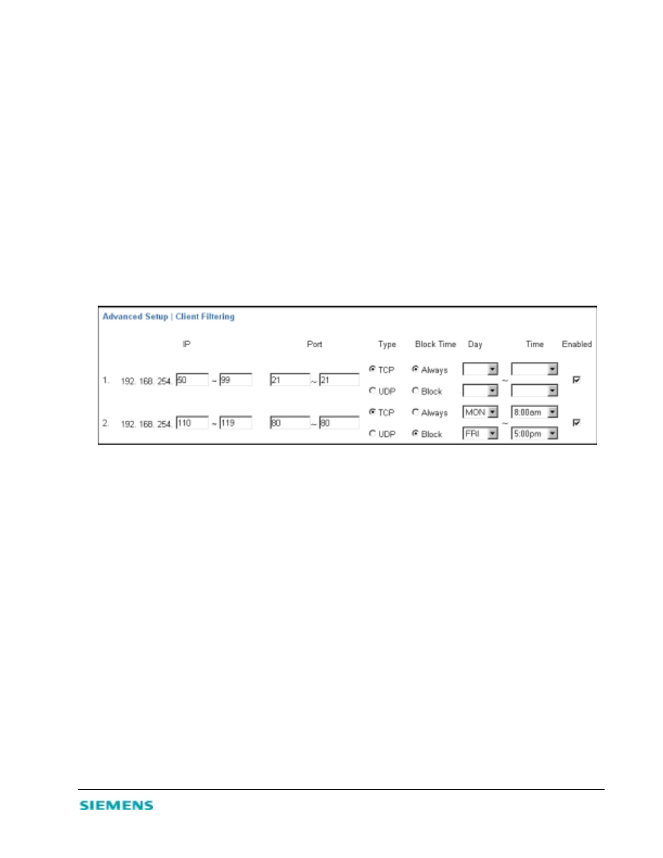 Configure client filtering, Configure miscellaneous features | Siemens 2614 User Manual | Page 22 / 44