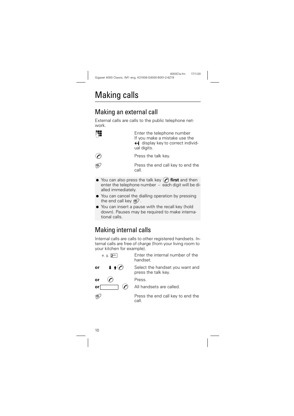 Making calls, Making an external call, Making internal calls | Making an external call making internal calls | Siemens 4000 User Manual | Page 10 / 23