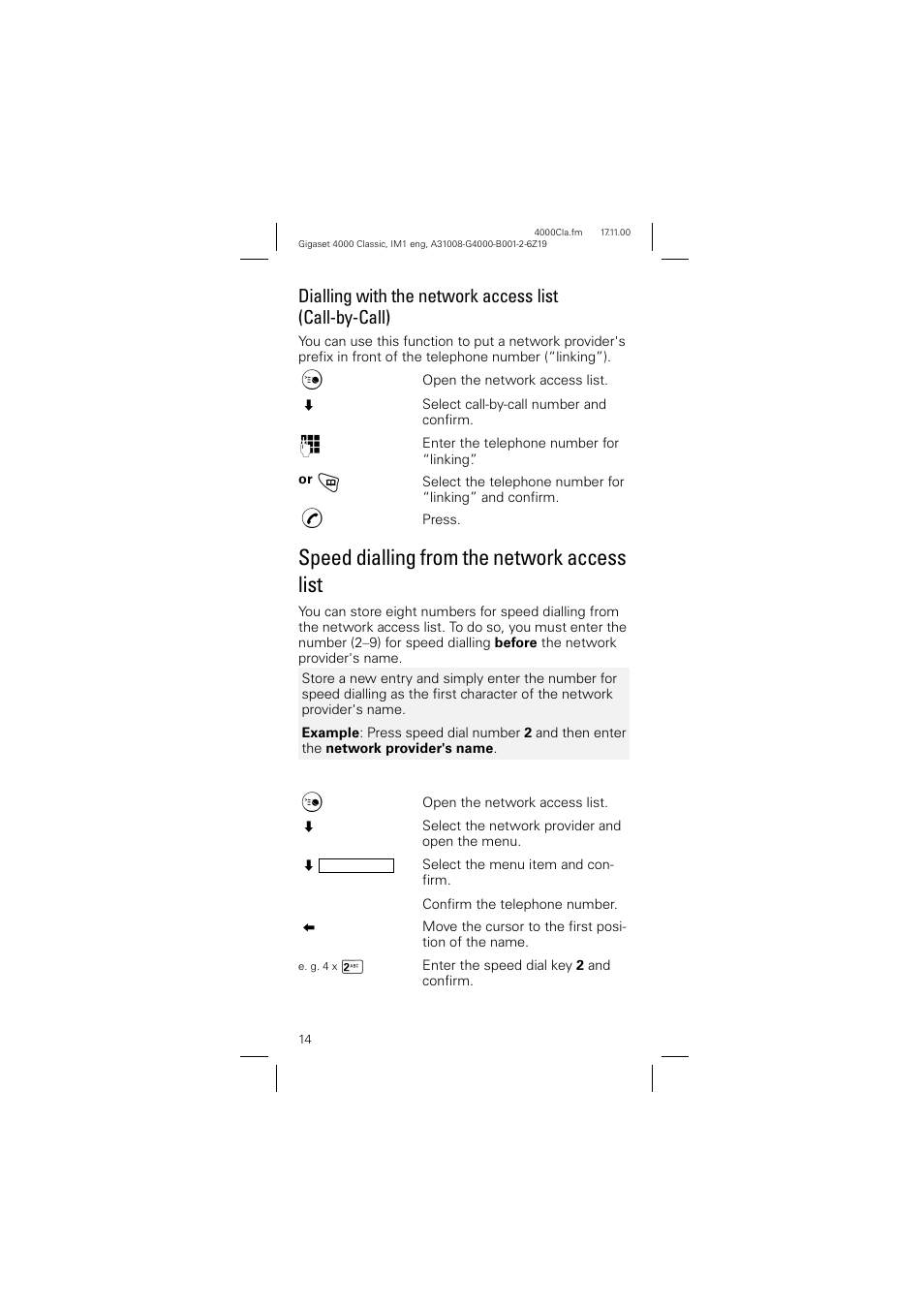 Speed dialling from the network access list | Siemens 4000 User Manual | Page 14 / 23