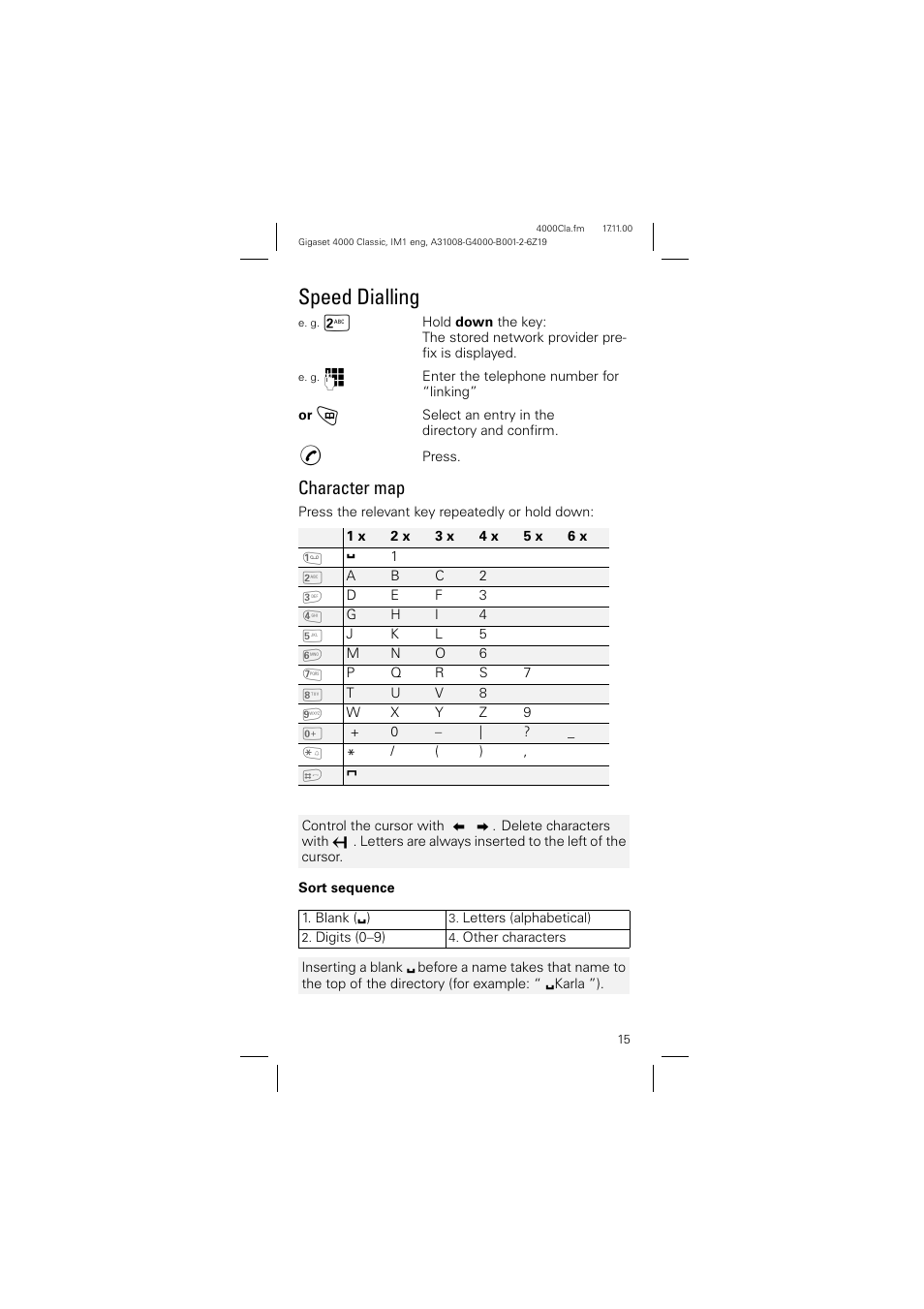 Speed dialling, Character map | Siemens 4000 User Manual | Page 15 / 23