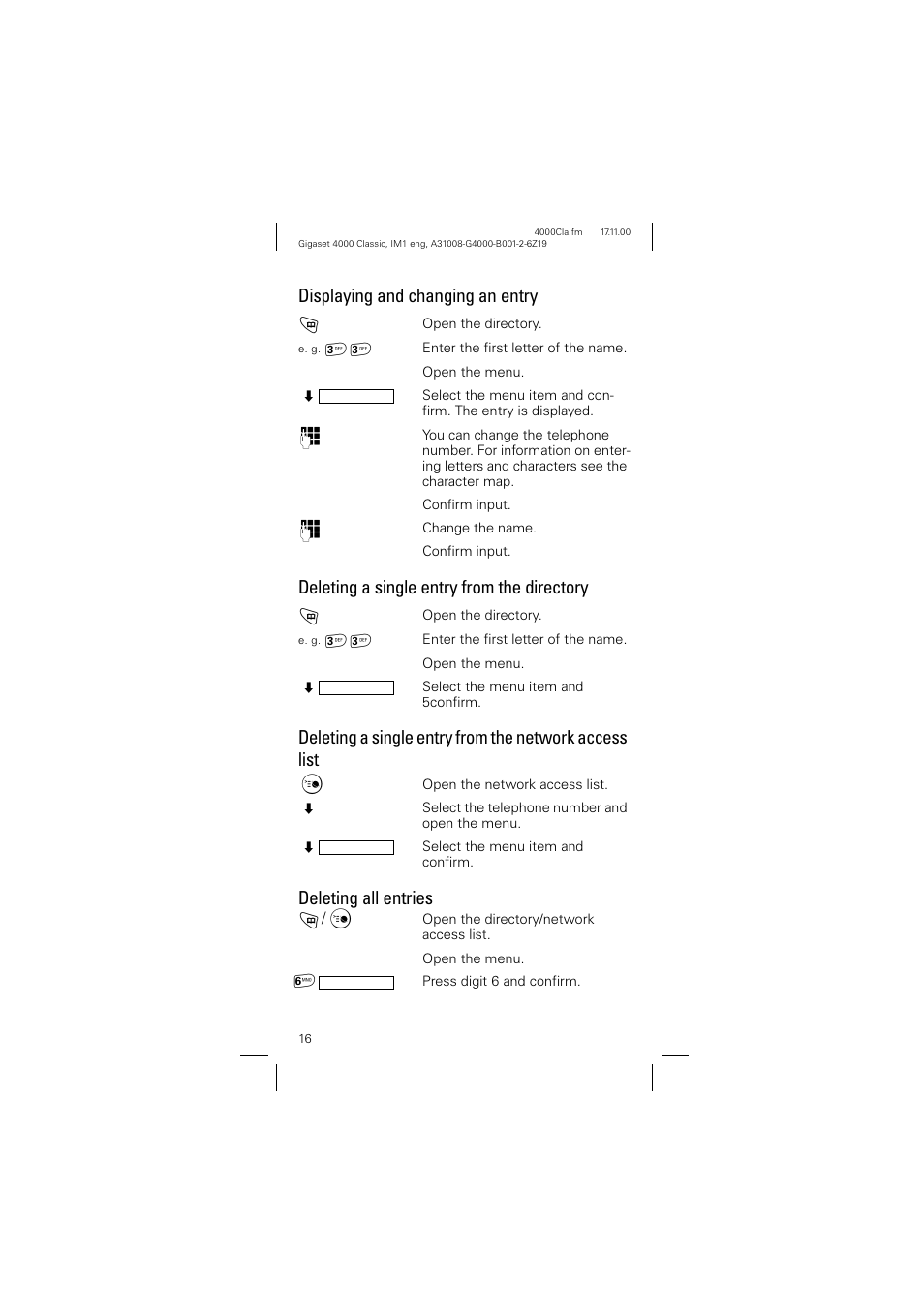 Displaying and changing an entry, Deleting a single entry from the directory, Deleting all entries | Siemens 4000 User Manual | Page 16 / 23