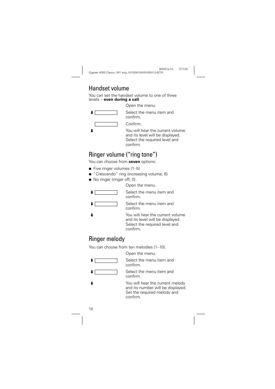 Handset volume, Ringer volume (“ring tone”), Ringer melody | Siemens 4000 User Manual | Page 18 / 23