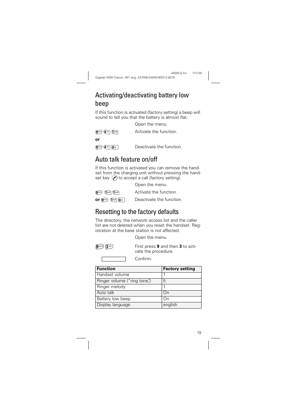 Activating/deactivating battery low beep, Auto talk feature on/off, Resetting to the factory defaults | Siemens 4000 User Manual | Page 19 / 23