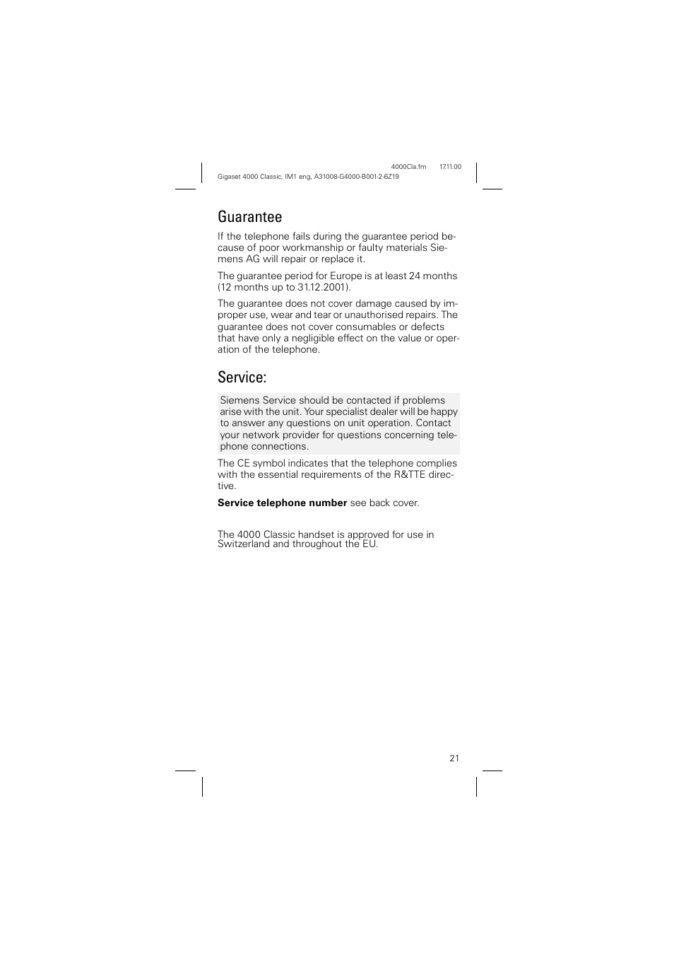 Guarantee, Service, Guarantee service | Siemens 4000 User Manual | Page 21 / 23