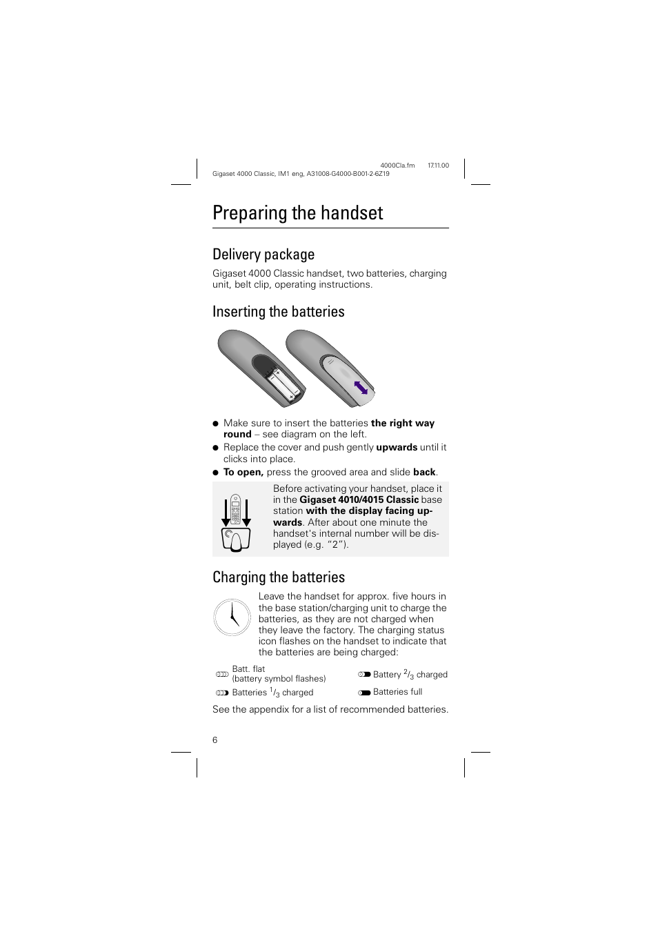 Preparing the handset, Delivery package, Inserting the batteries | Charging the batteries | Siemens 4000 User Manual | Page 6 / 23