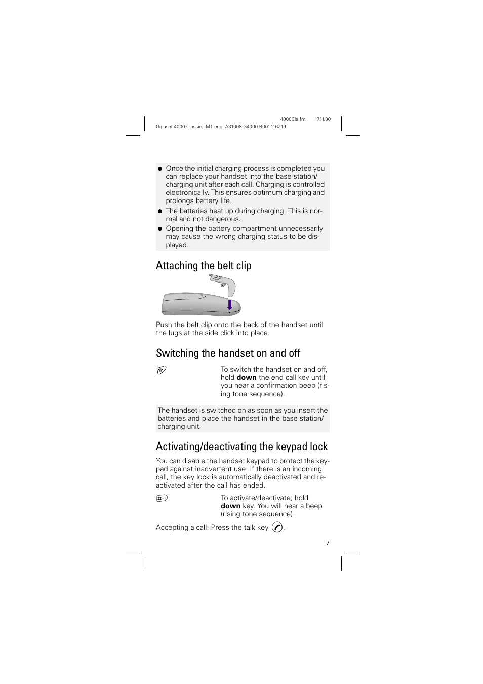 Attaching the belt clip, Switching the handset on and off, Activating/deactivating the keypad lock | Siemens 4000 User Manual | Page 7 / 23