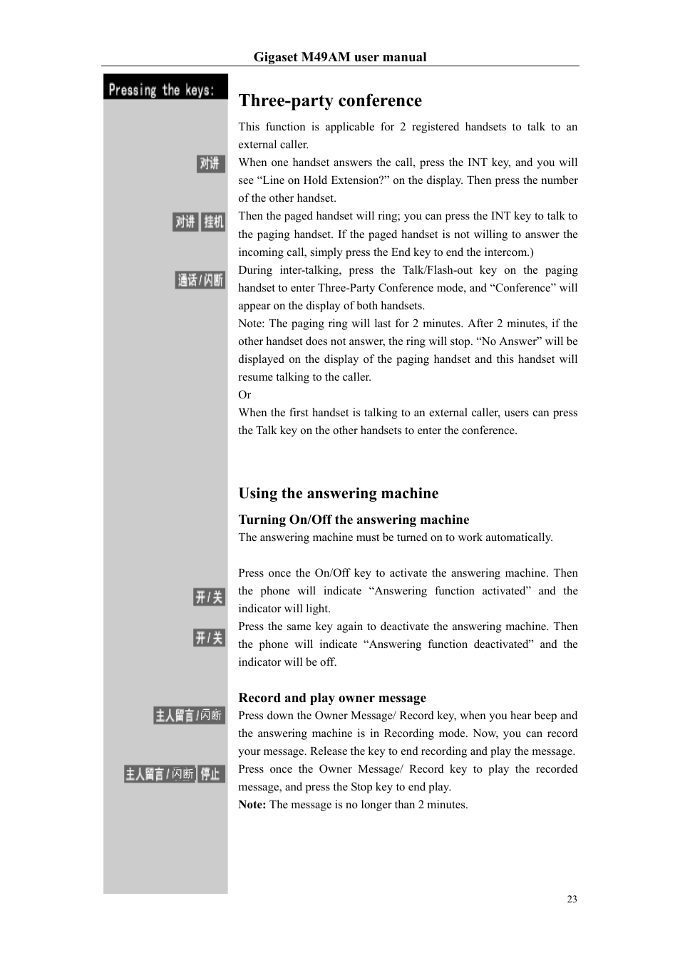 Three-party conference, Using the answering machine | Siemens Gigaset M49AM User Manual | Page 23 / 26