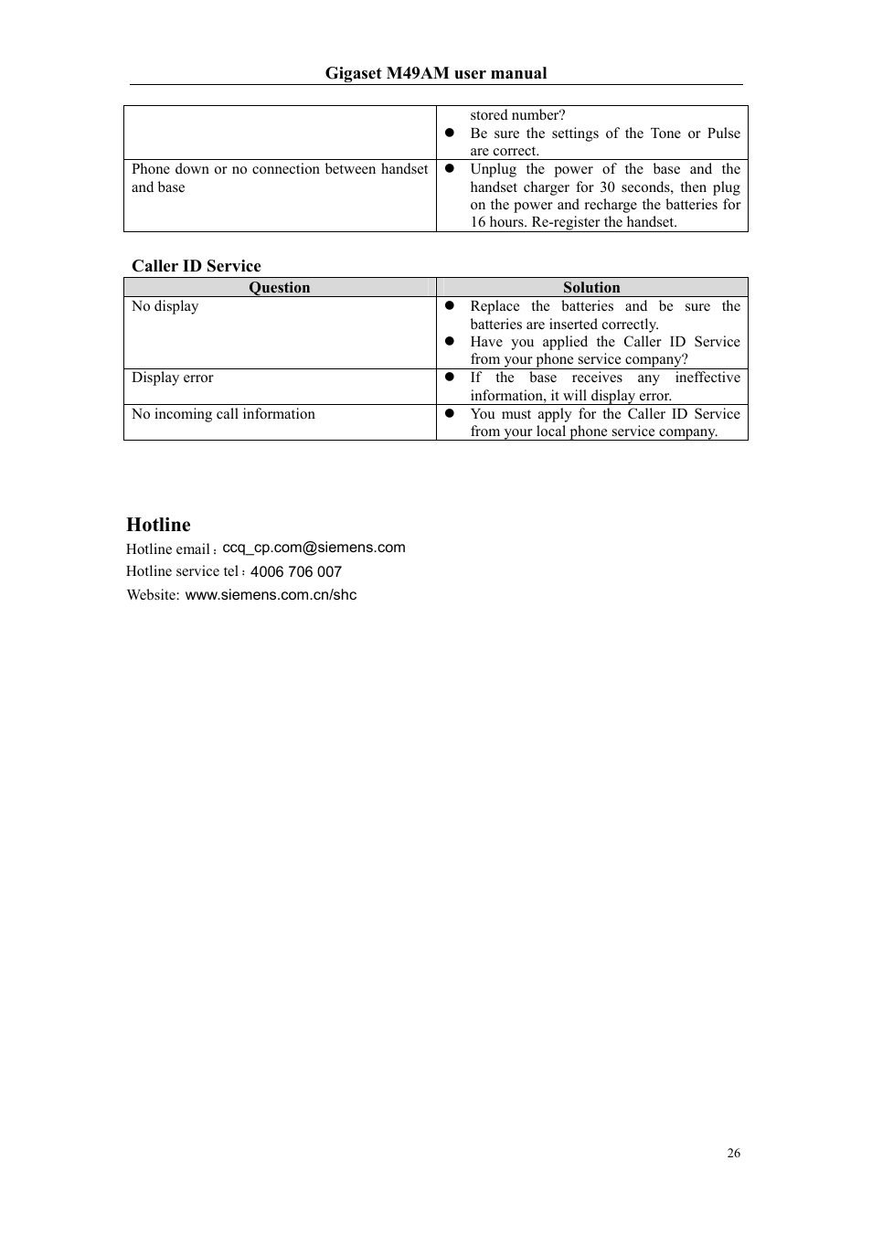 Hotline | Siemens Gigaset M49AM User Manual | Page 26 / 26