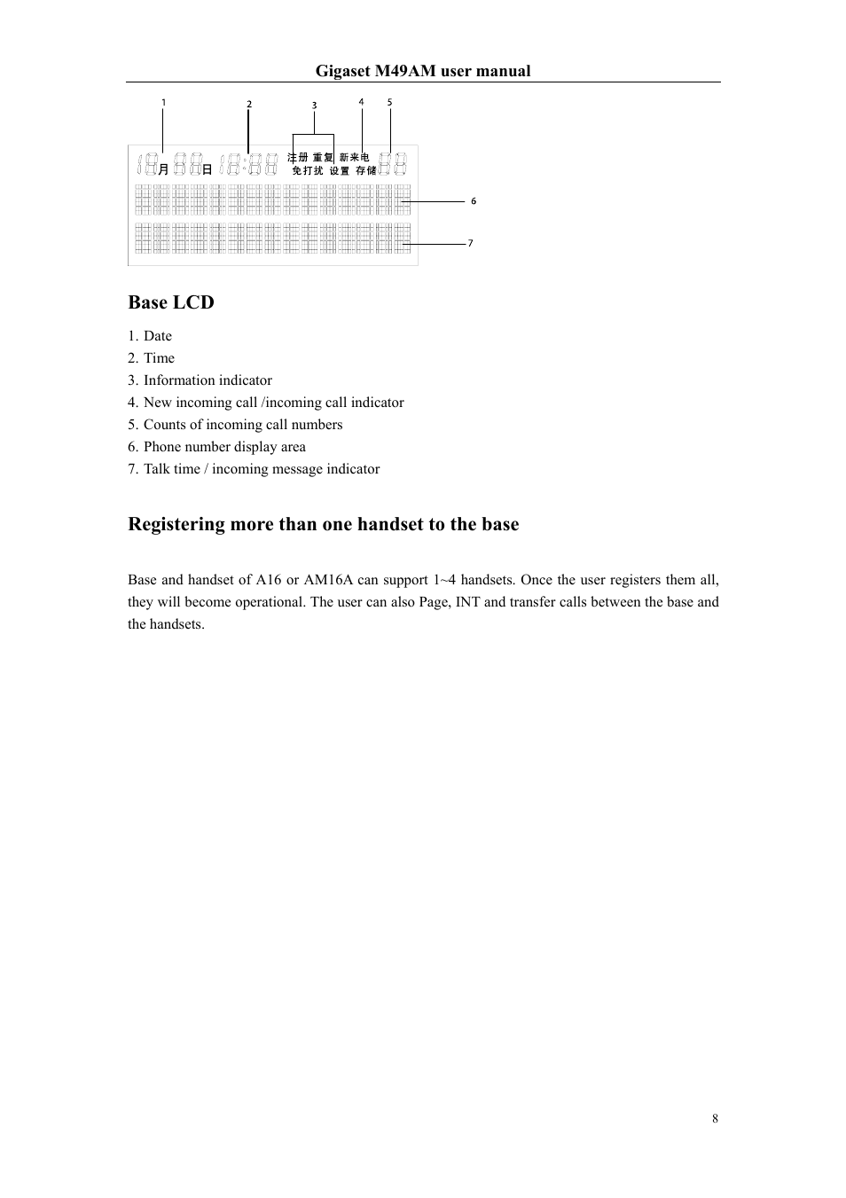 Base lcd, Registering more than one handset to the base | Siemens Gigaset M49AM User Manual | Page 8 / 26