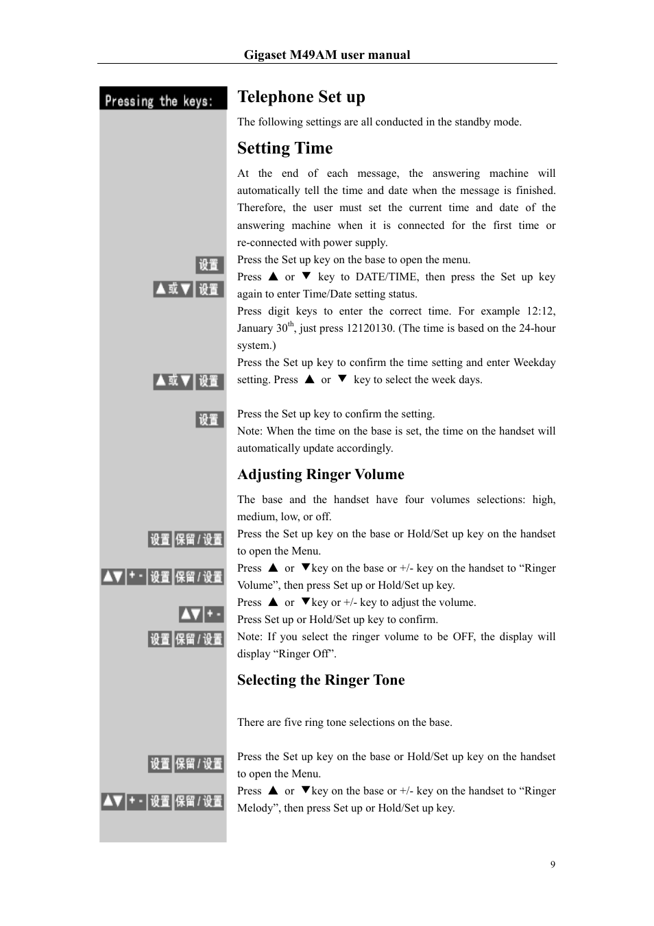 Telephone set up, Setting time, Adjusting ringer volume | Selecting the ringer tone | Siemens Gigaset M49AM User Manual | Page 9 / 26