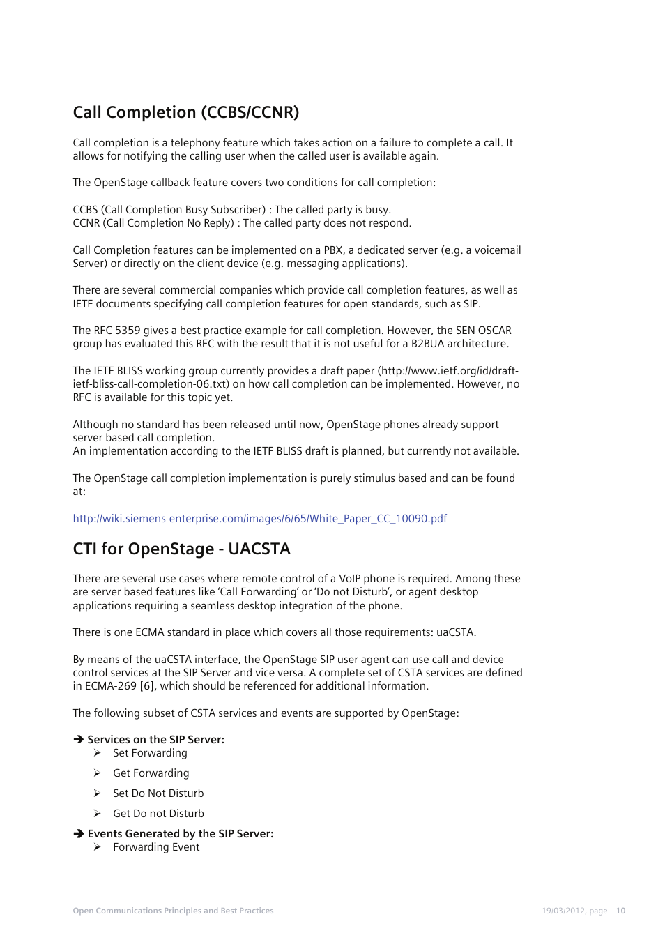 Call completion (ccbs/ccnr), Cti for openstage - uacsta | Siemens MOVIEMATE 50 User Manual | Page 10 / 18