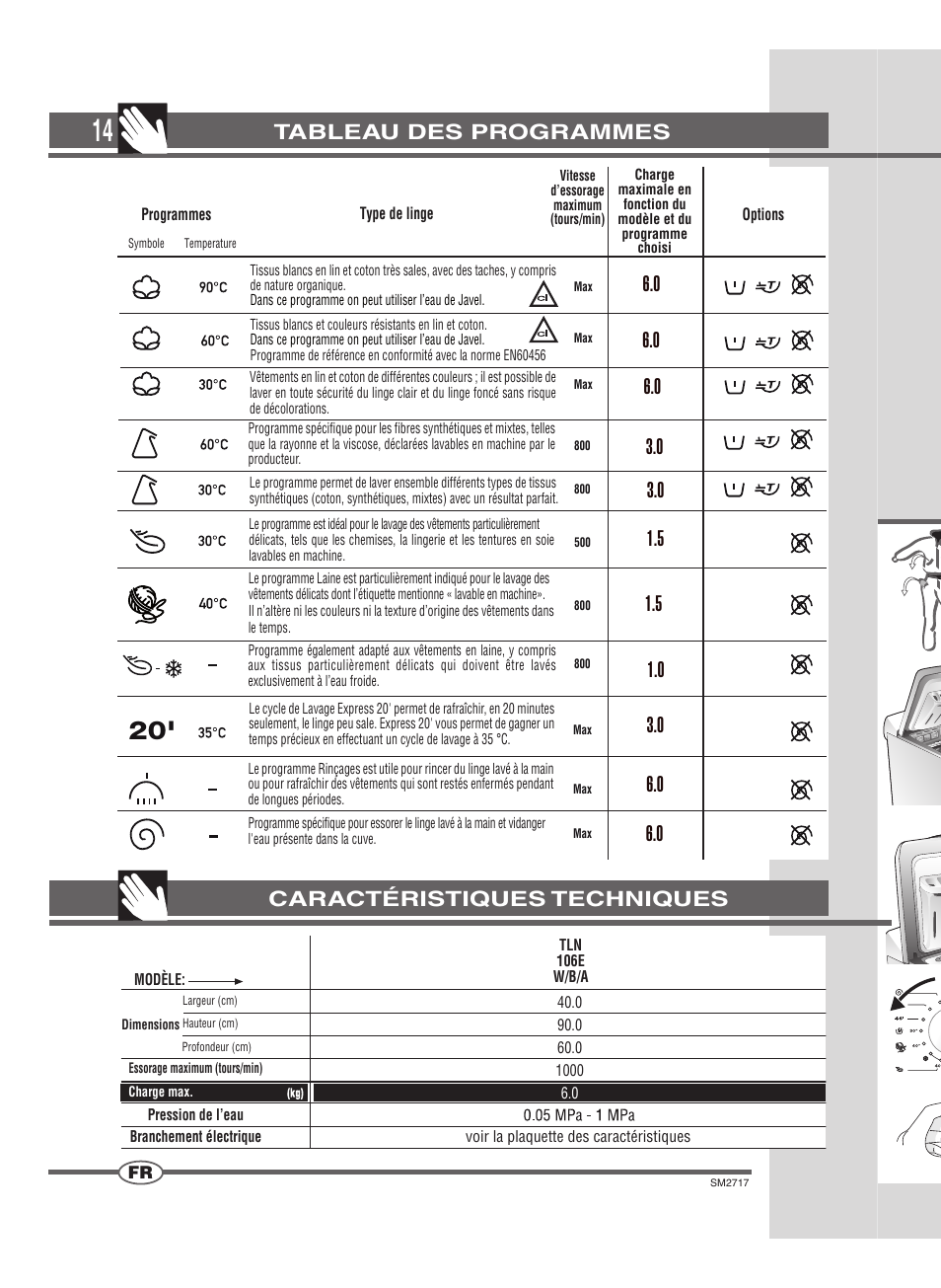 Caractéristiques techniques tableau des programmes | Ardo TLN106E User Manual | Page 14 / 36