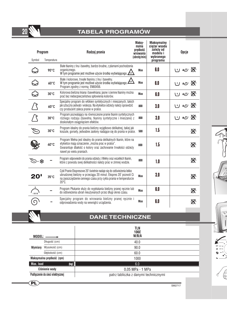 Dane techniczne tabela programów | Ardo TLN106E User Manual | Page 20 / 36