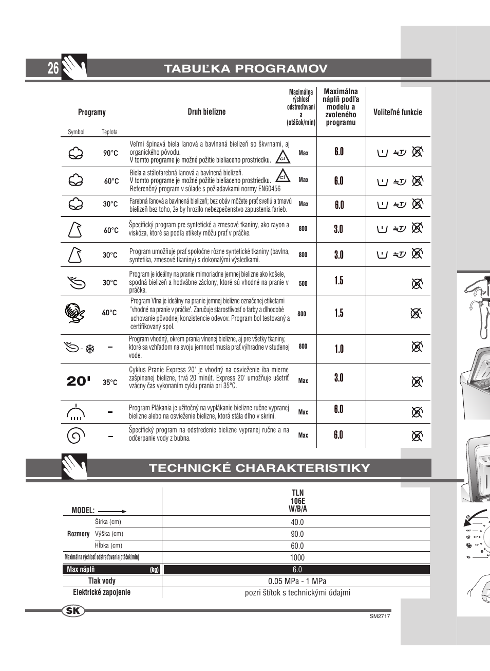 Technické charakteristiky tabuľka programov | Ardo TLN106E User Manual | Page 26 / 36