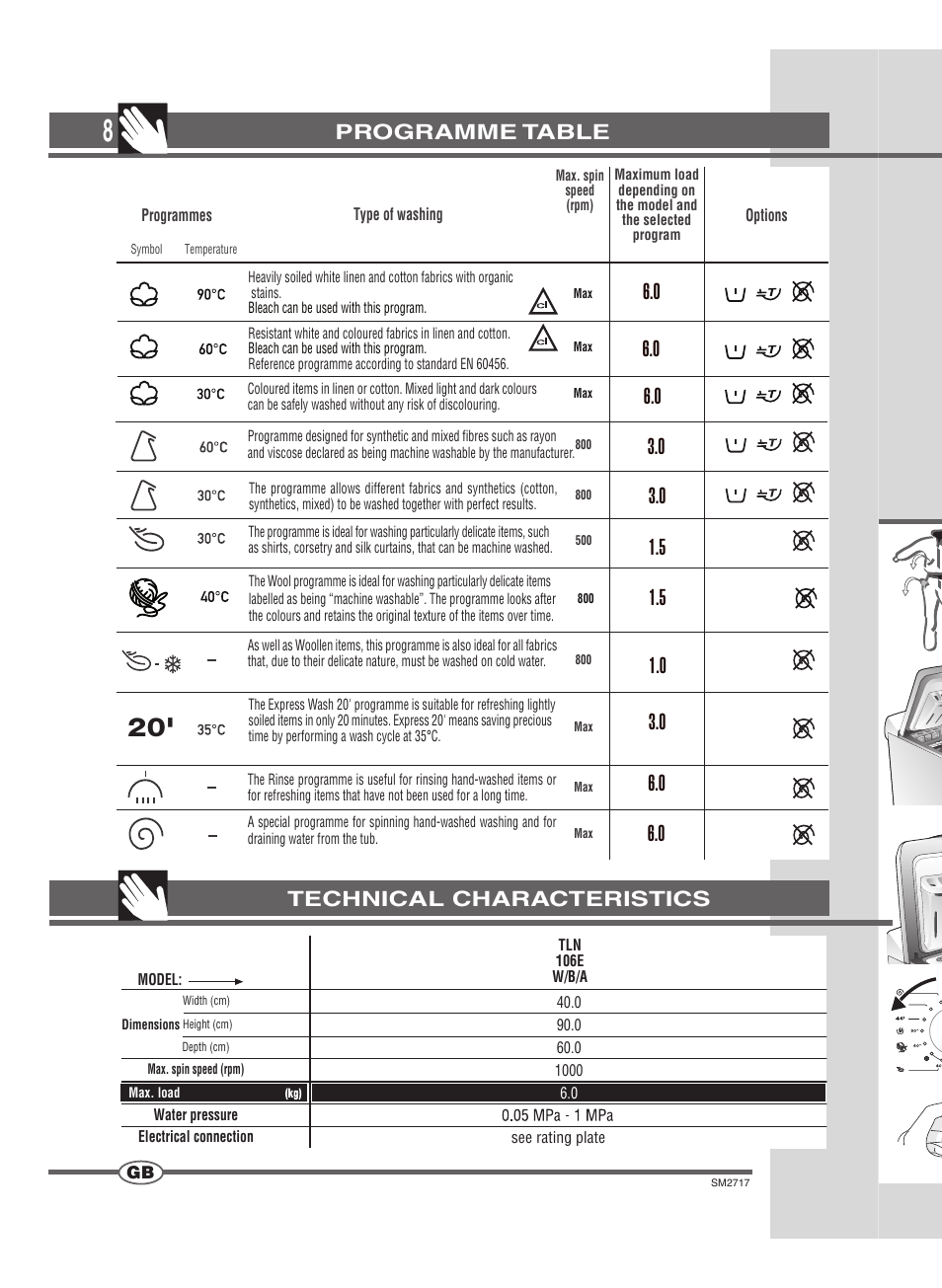 Technical characteristics programme table | Ardo TLN106E User Manual | Page 8 / 36