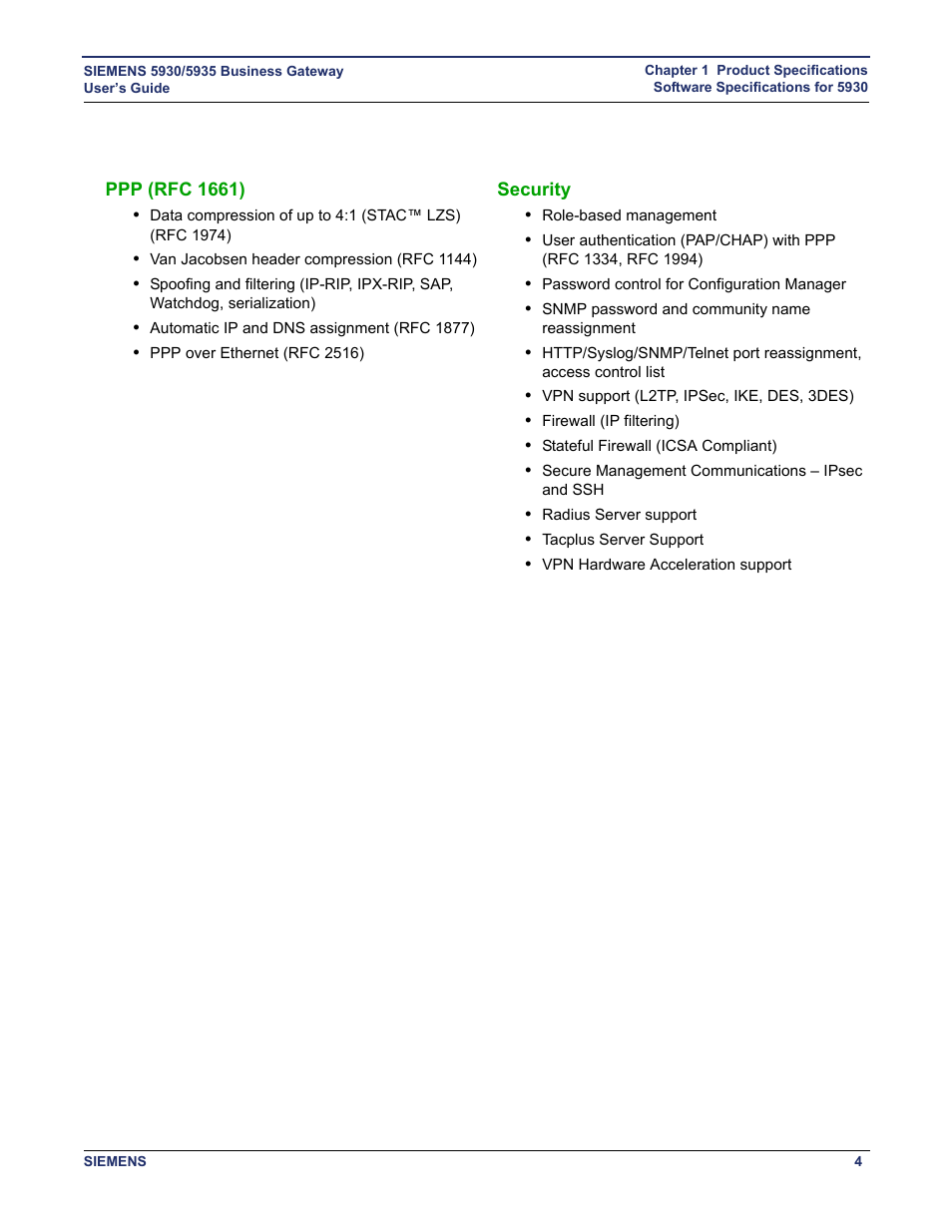 Ppp (rfc 1661), Security, Ppp (rfc 1661) security | Siemens BUSINESS CLASS 5935 User Manual | Page 10 / 94