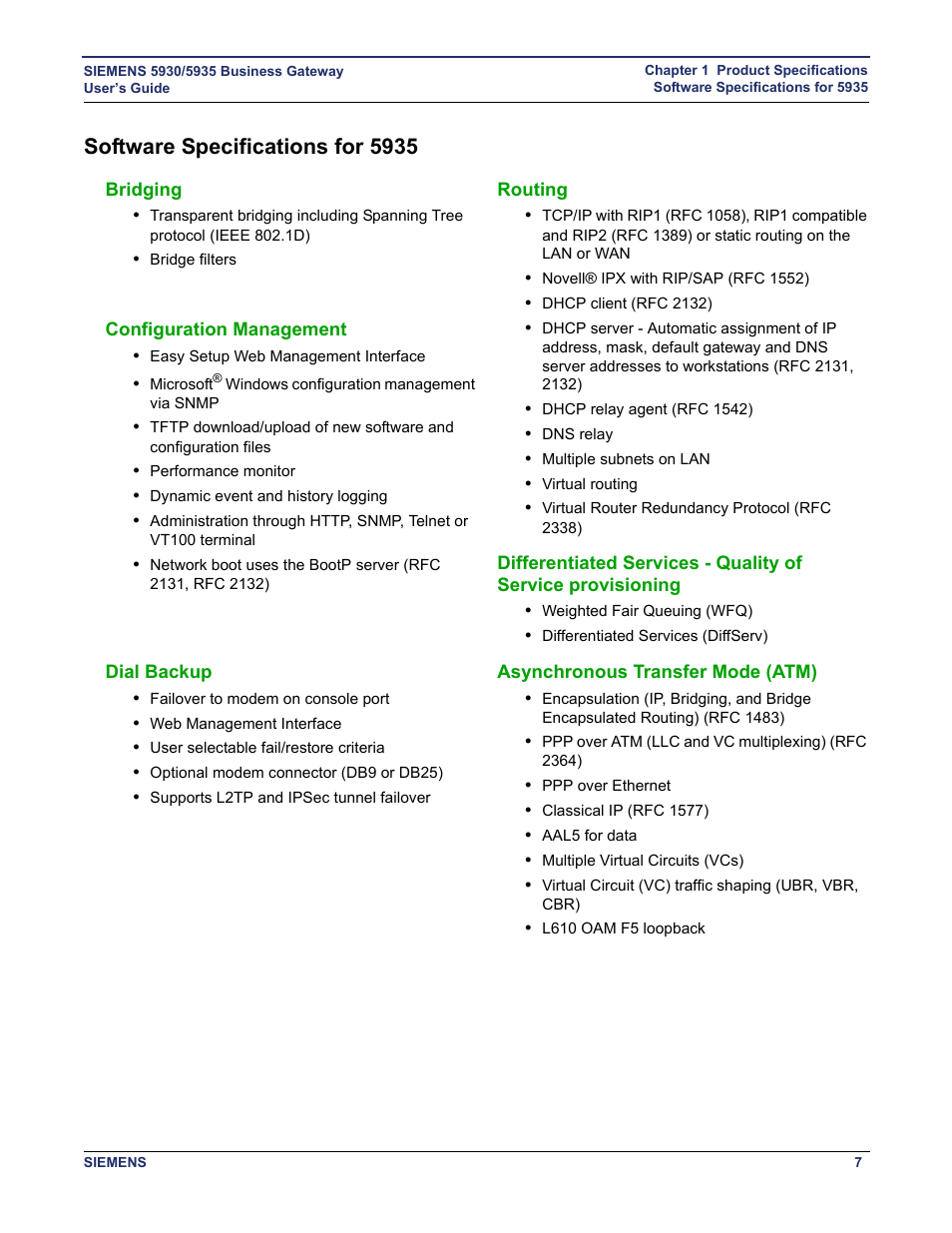 Software specifications for 5935, Bridging, Configuration management | Routing, Dial backup, Asynchronous transfer mode (atm) | Siemens BUSINESS CLASS 5935 User Manual | Page 13 / 94